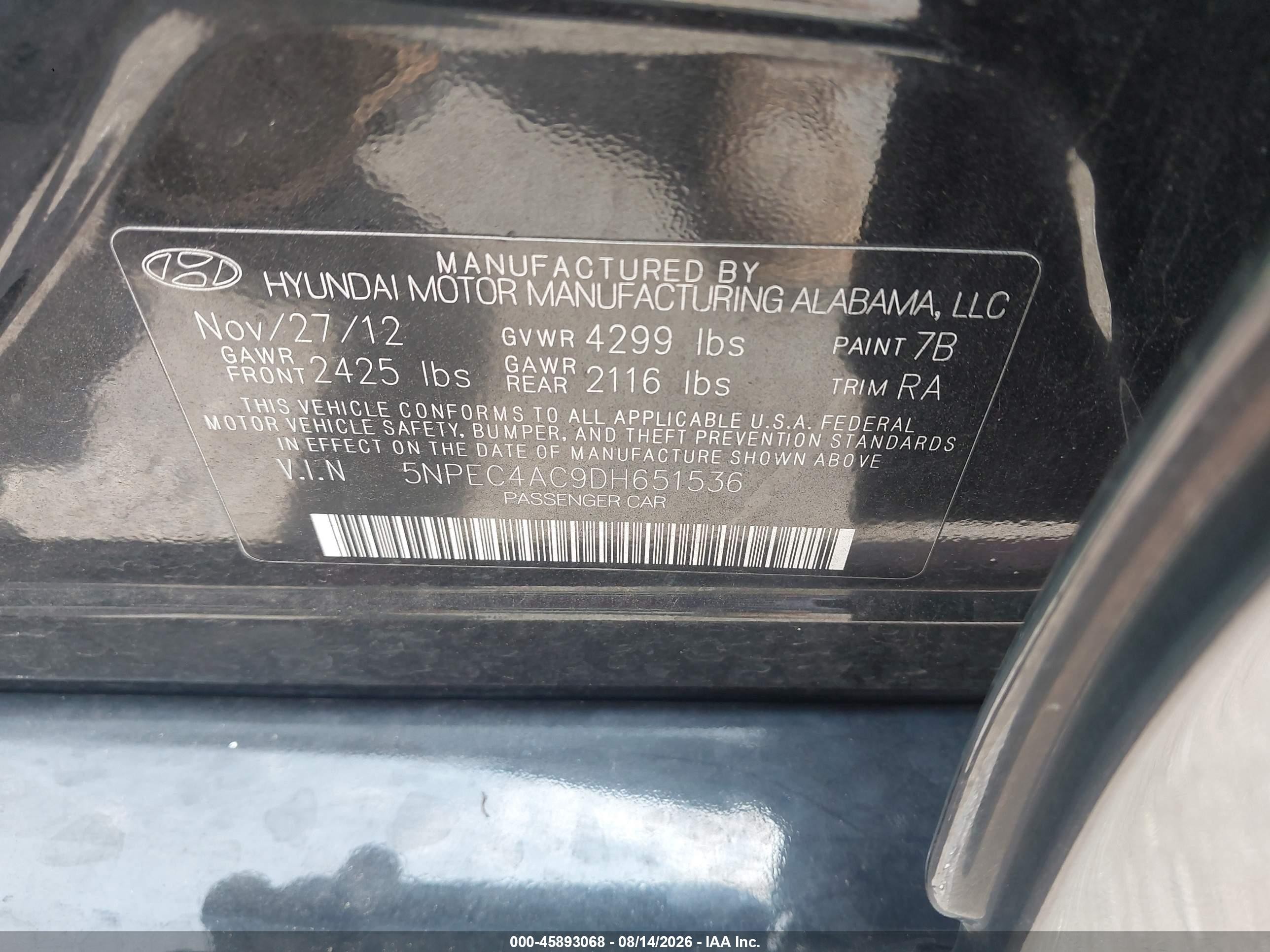 2013 Hyundai Sonata Limited Black vin: 5NPEC4AC9DH651536