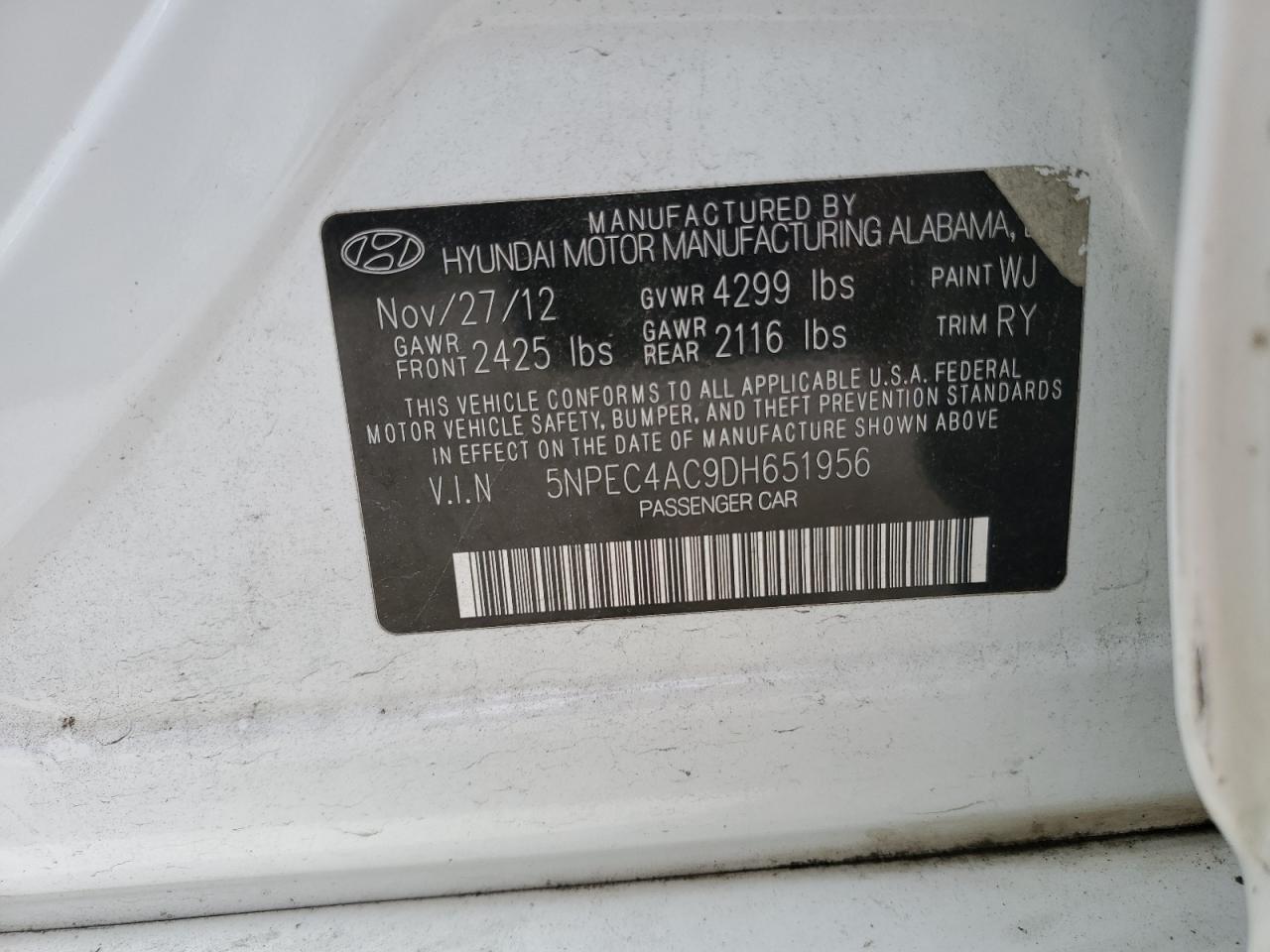 2013 Hyundai Sonata Se White vin: 5NPEC4AC9DH651956