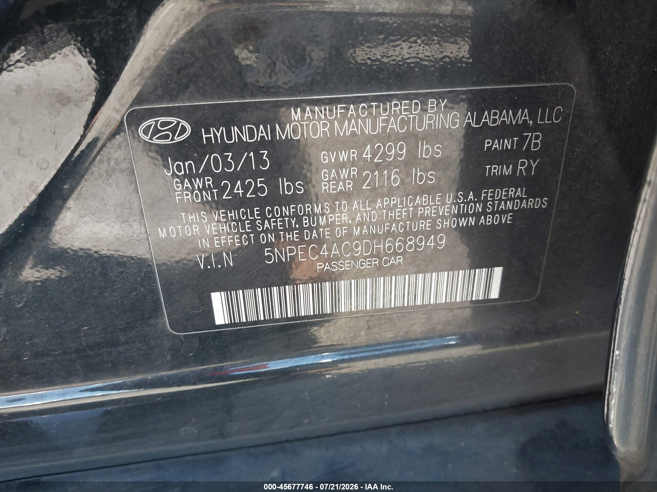2013 Hyundai Sonata Limited Black vin: 5NPEC4AC9DH668949