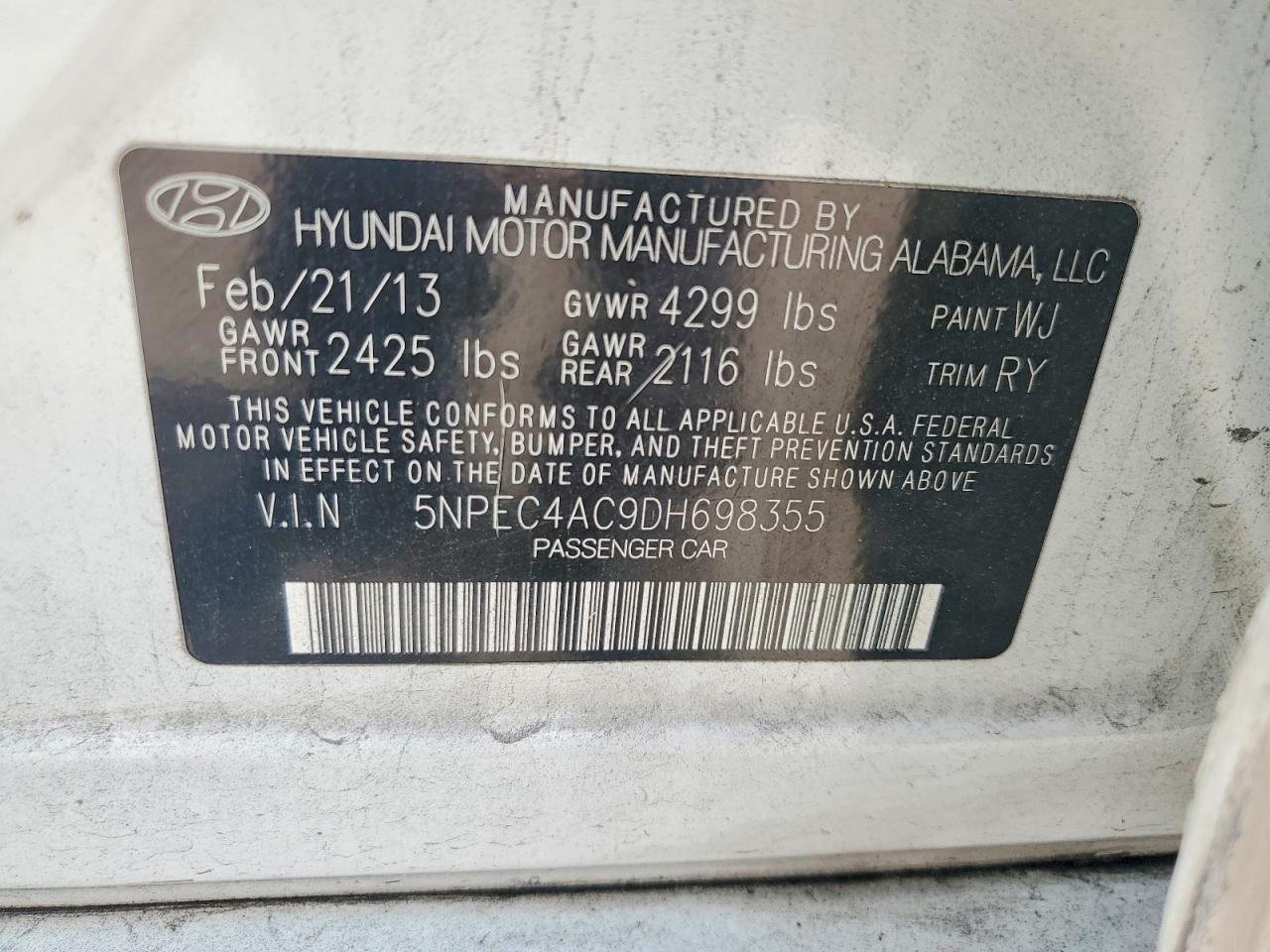 2013 Hyundai Sonata Se White vin: 5NPEC4AC9DH698355