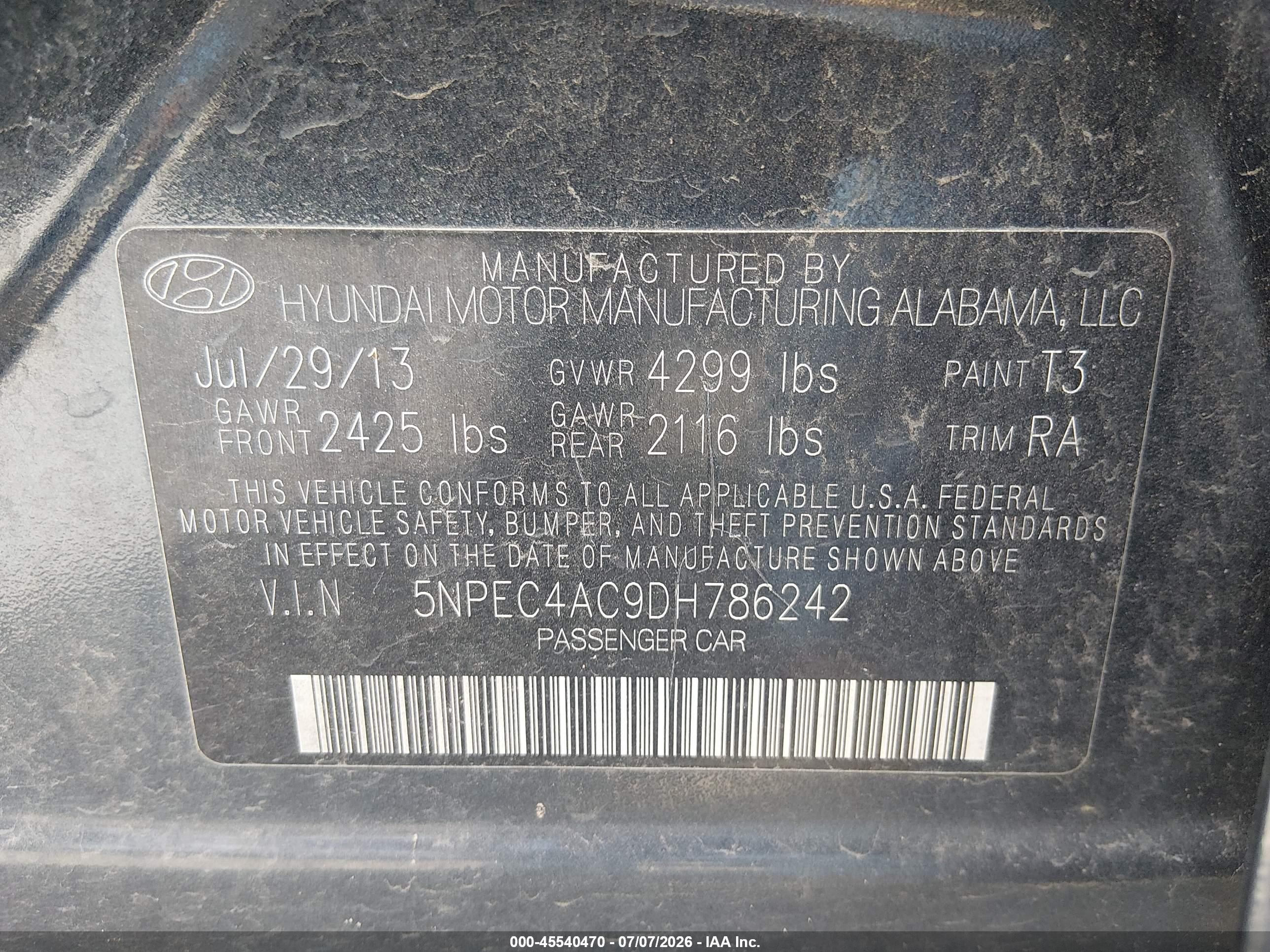 2013 Hyundai Sonata Se Dark Blue vin: 5NPEC4AC9DH786242