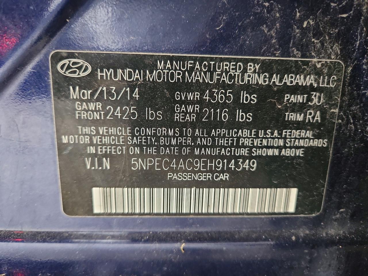 2014 Hyundai Sonata Limited Blue vin: 5NPEC4AC9EH914349