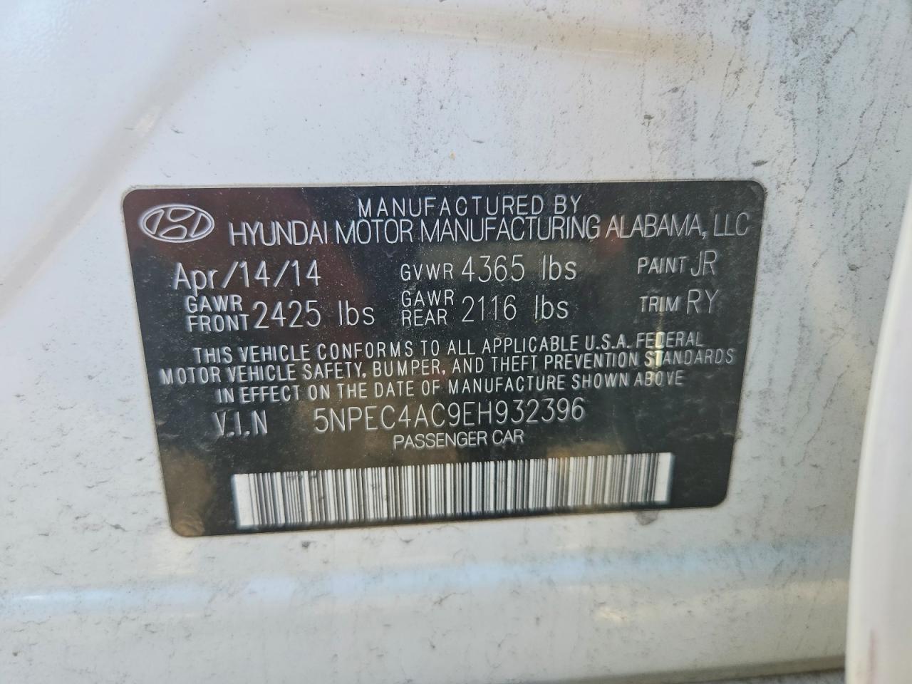2014 Hyundai Sonata Se White vin: 5NPEC4AC9EH932396