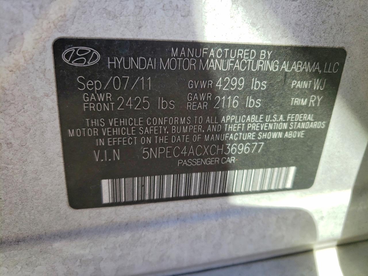 2012 Hyundai Sonata Se White vin: 5NPEC4ACXCH369677