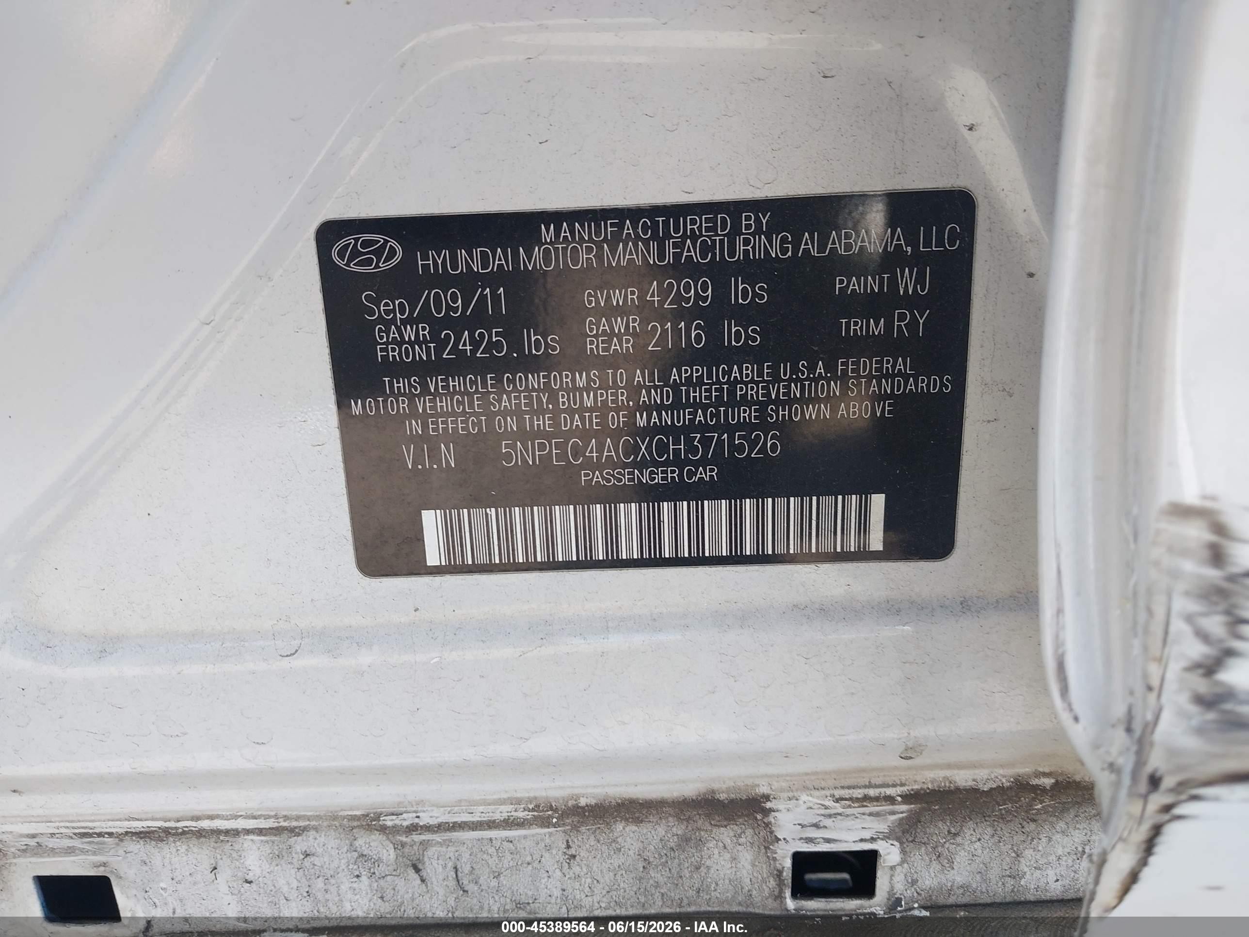 2012 Hyundai Sonata Se White vin: 5NPEC4ACXCH371526