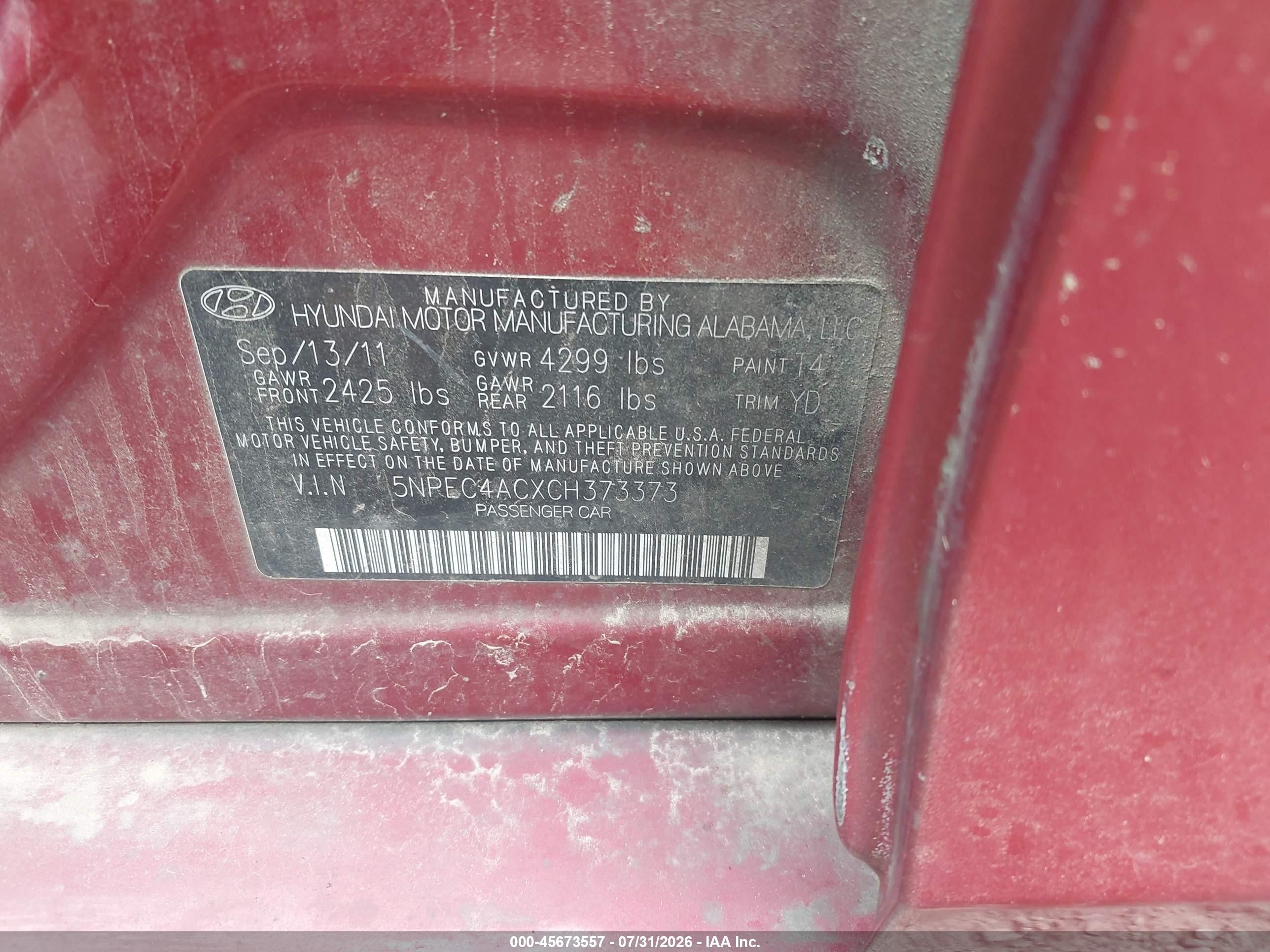 2012 Hyundai Sonata Limited Red vin: 5NPEC4ACXCH373373