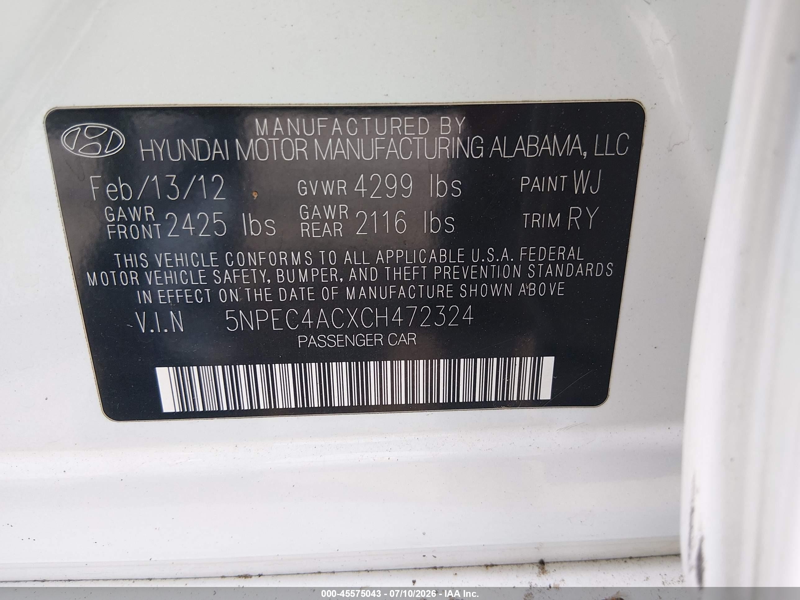 2012 Hyundai Sonata Limited White vin: 5NPEC4ACXCH472324