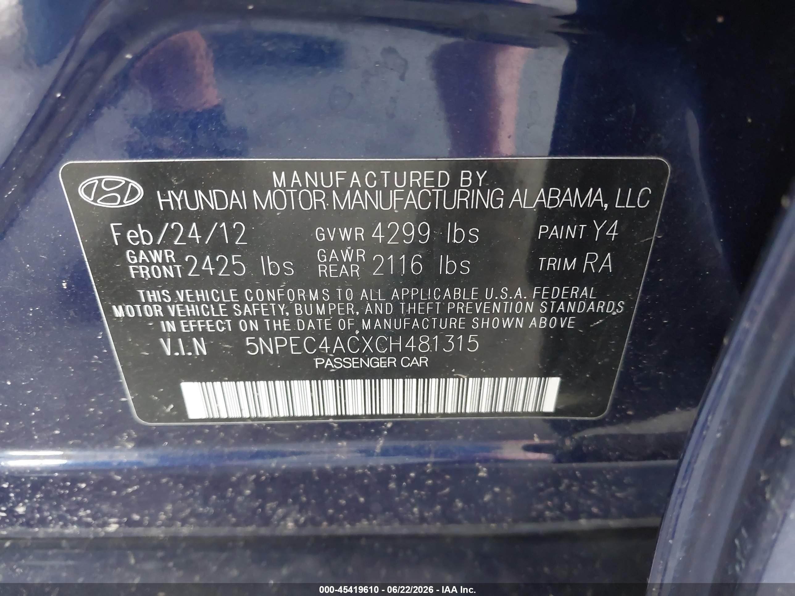 2012 Hyundai Sonata Se Blue vin: 5NPEC4ACXCH481315