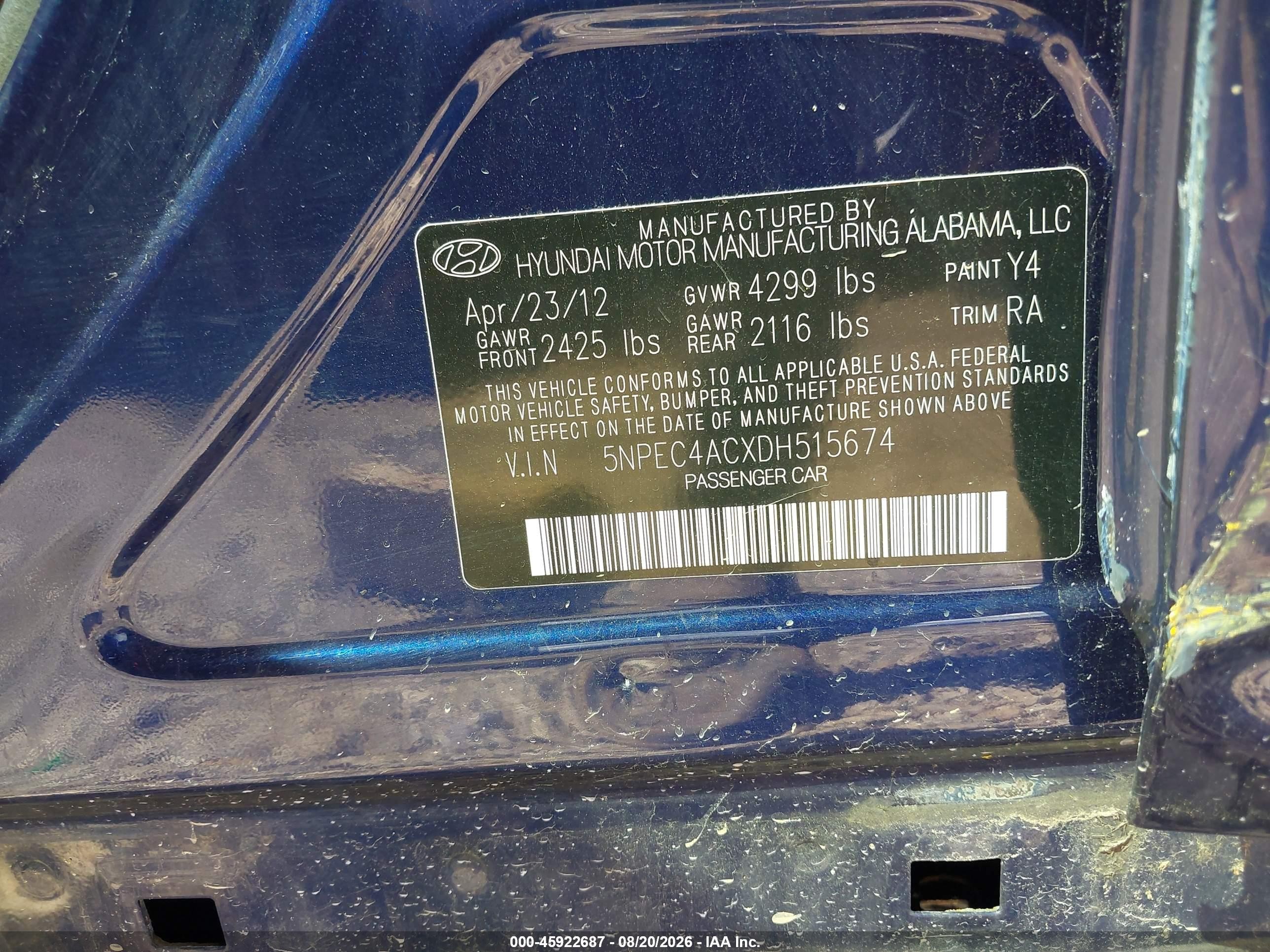 2013 Hyundai Sonata Limited Blue vin: 5NPEC4ACXDH515674