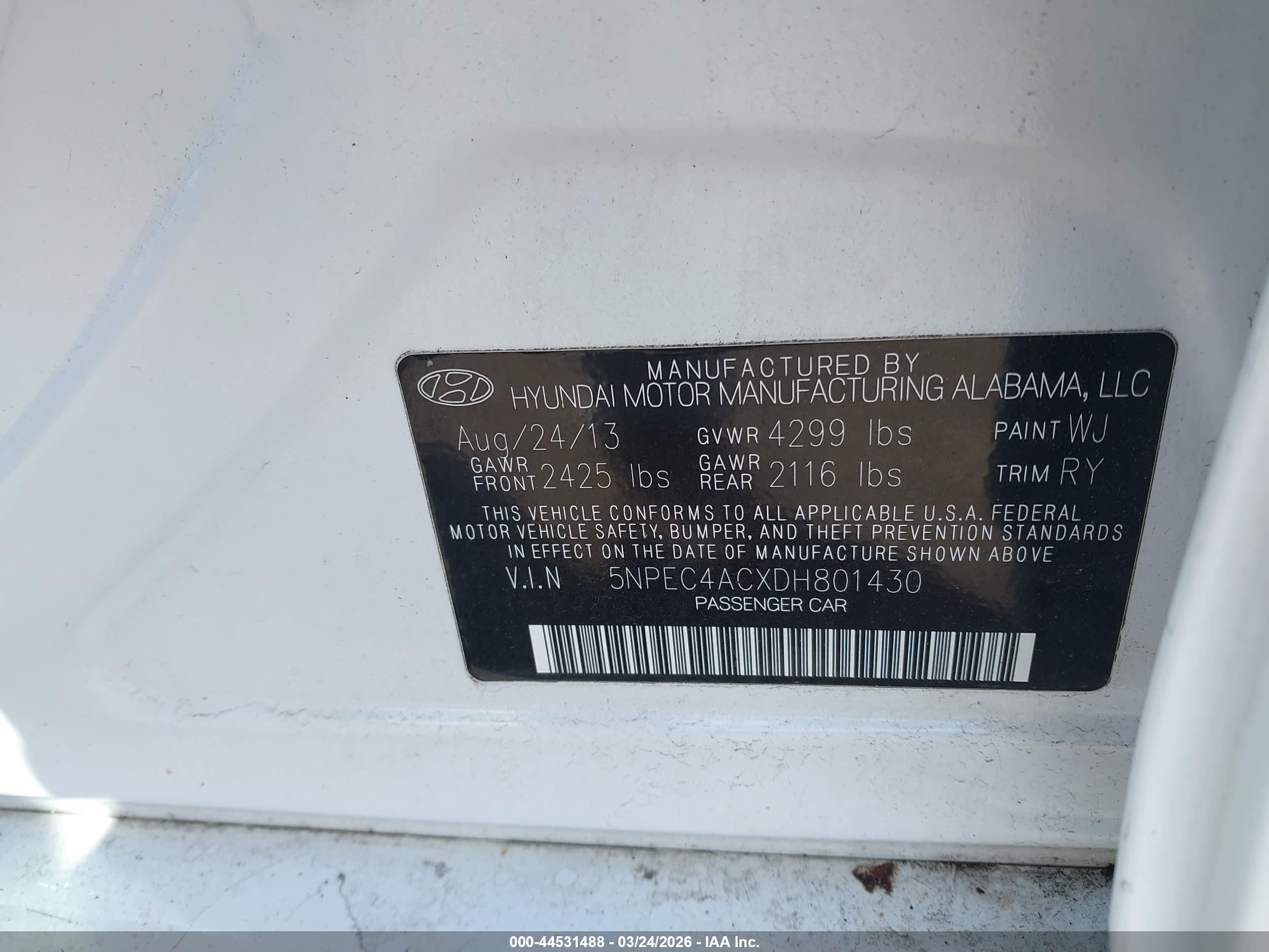 2013 Hyundai Sonata Se White vin: 5NPEC4ACXDH801430