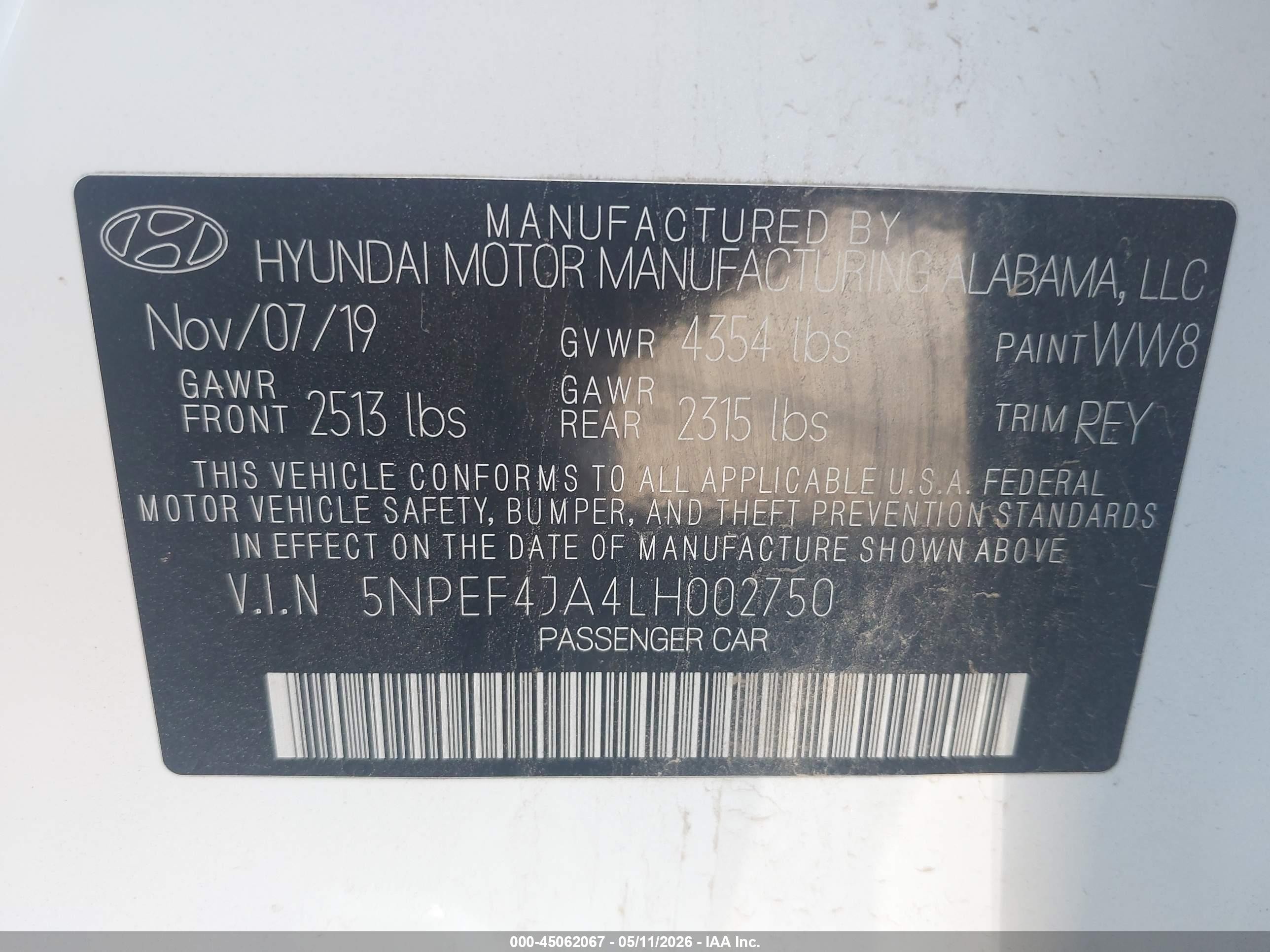 2020 Hyundai Sonata Sel White vin: 5NPEF4JA4LH002750