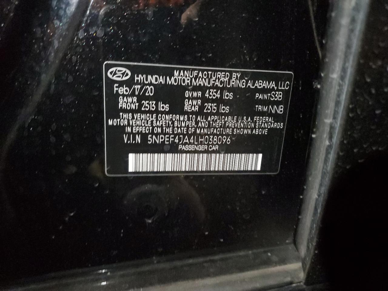 2020 Hyundai Sonata Sel Black vin: 5NPEF4JA4LH038096