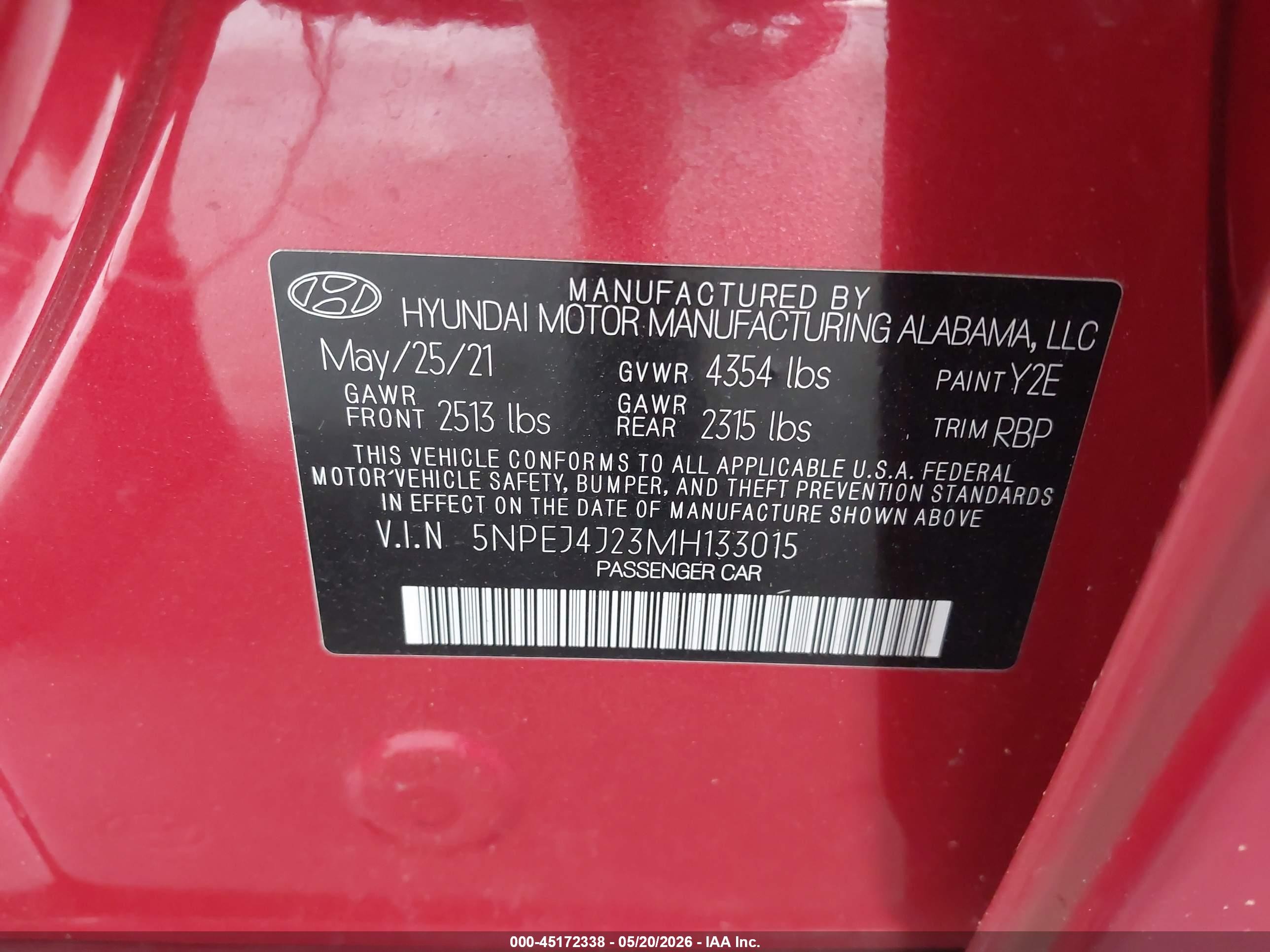 2021 Hyundai Sonata Sel Plus Red vin: 5NPEJ4J23MH133015
