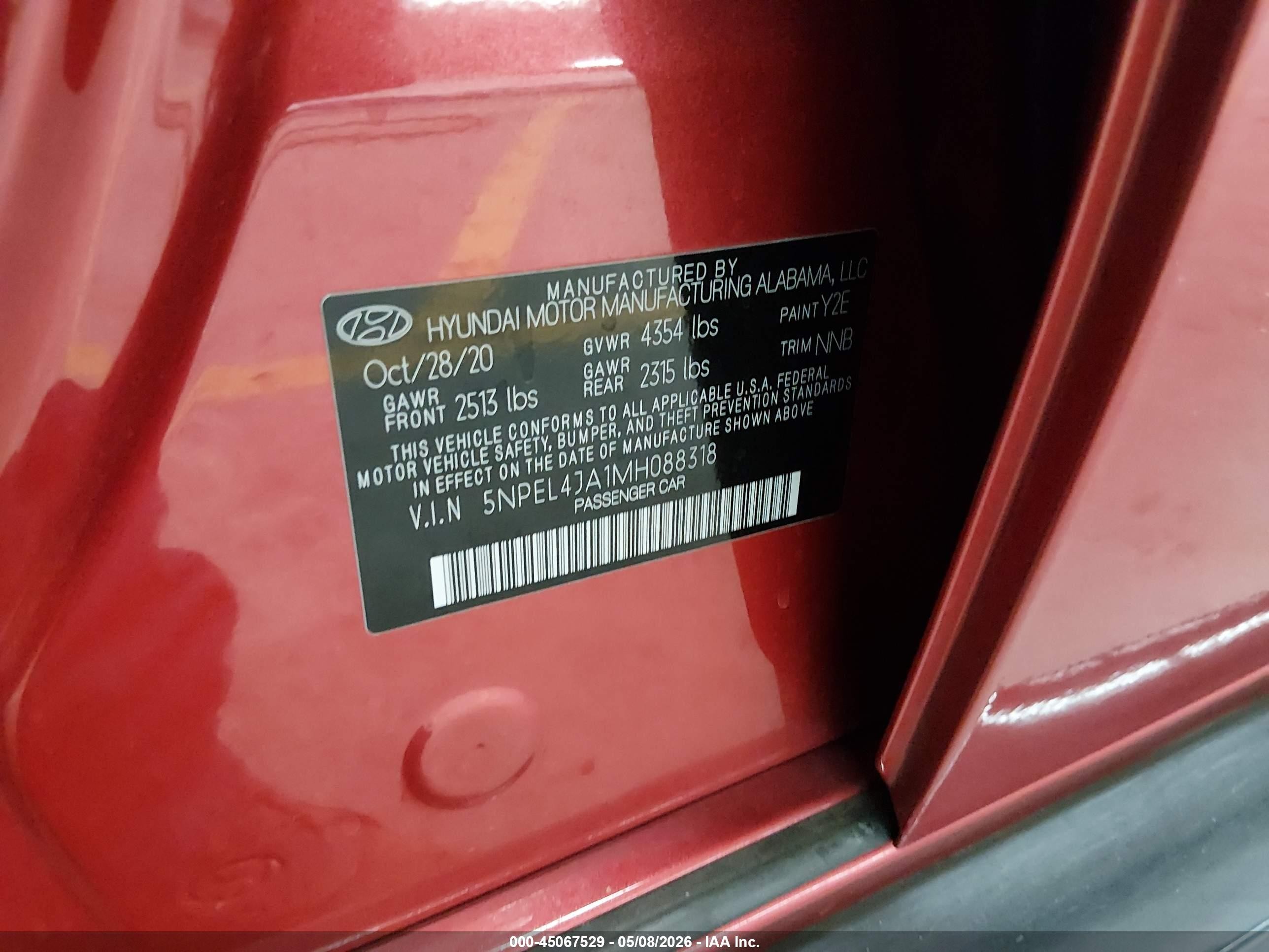 2021 Hyundai Sonata Sel Red vin: 5NPEL4JA1MH088318