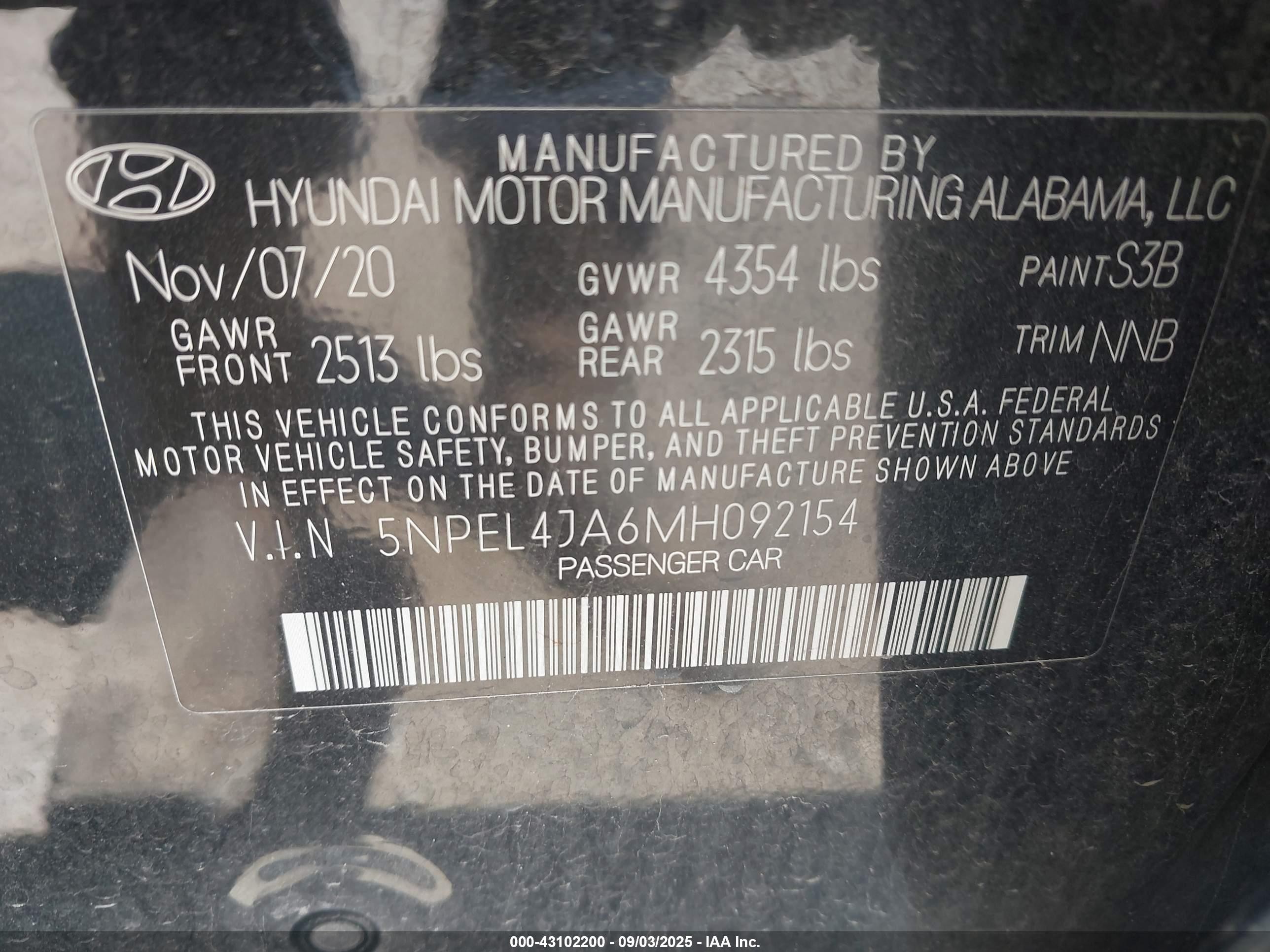 2021 Hyundai Sonata Sel Black vin: 5NPEL4JA6MH092154