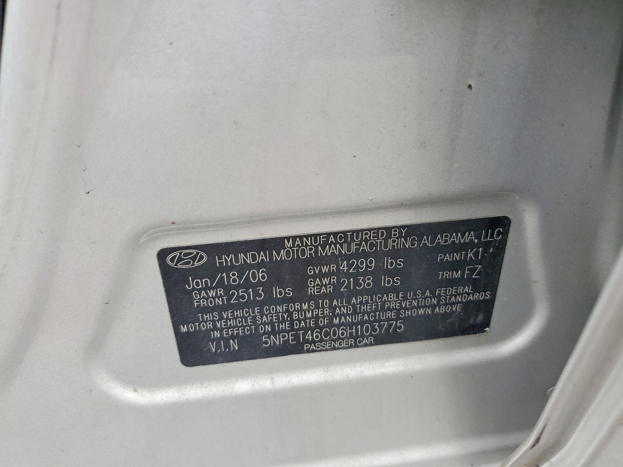 2006 Hyundai Sonata Gl Silver vin: 5NPET46C06H103775