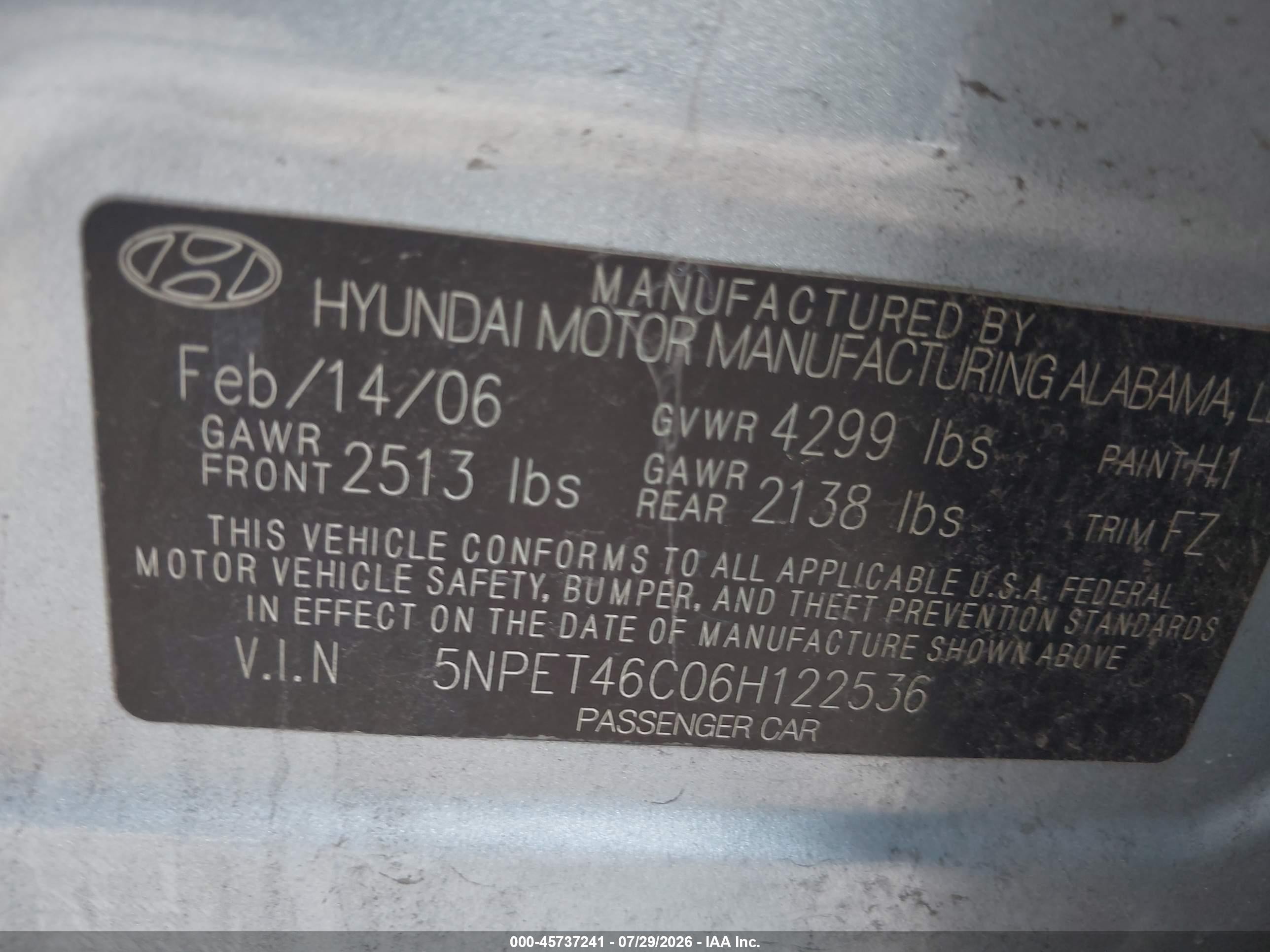 2006 Hyundai Sonata Gl Light Blue vin: 5NPET46C06H122536