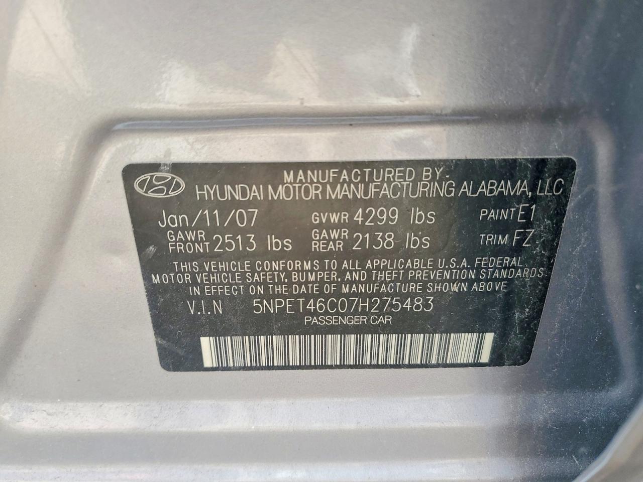 2007 Hyundai Sonata Gray vin: 5NPET46C07H275483