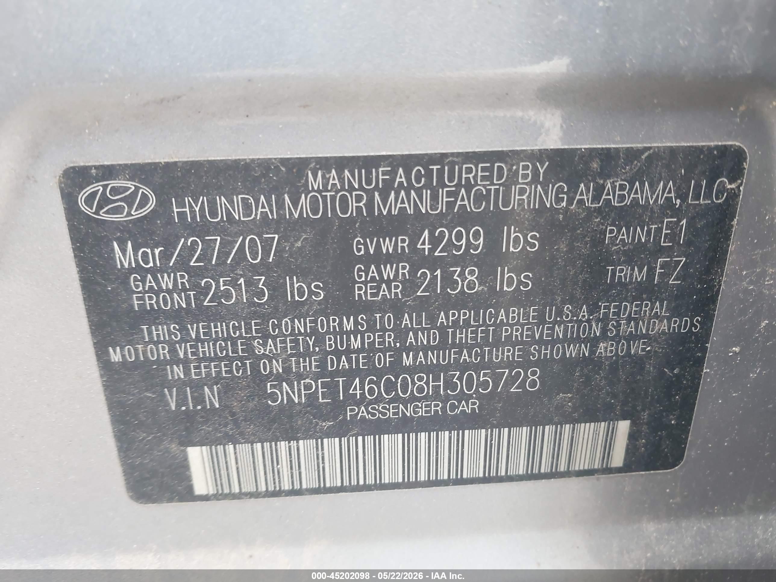 2008 Hyundai Sonata Gls Gray vin: 5NPET46C08H305728