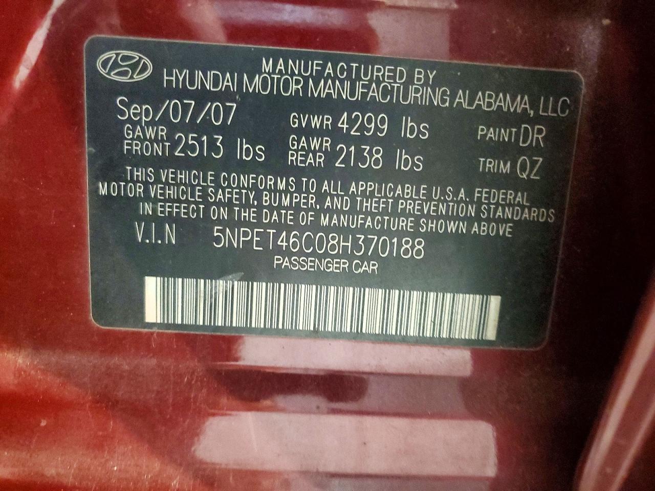 2008 Hyundai Sonata Gls Burgundy vin: 5NPET46C08H370188