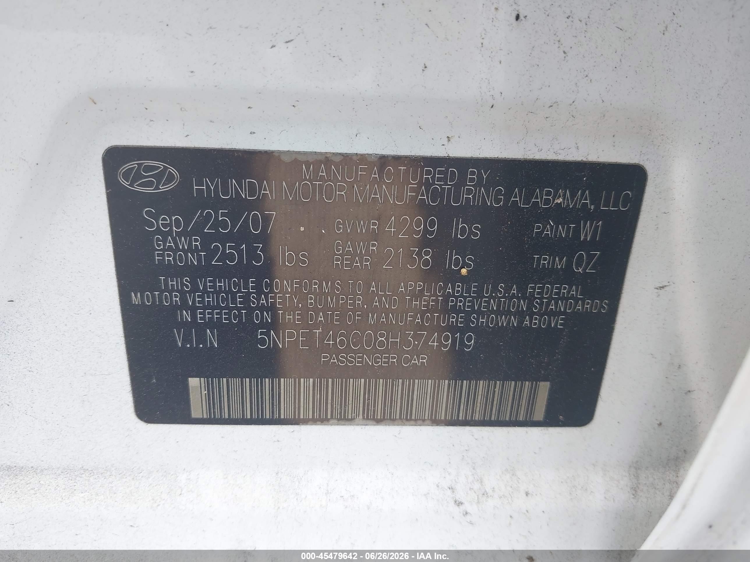 2008 Hyundai Sonata Gls White vin: 5NPET46C08H374919