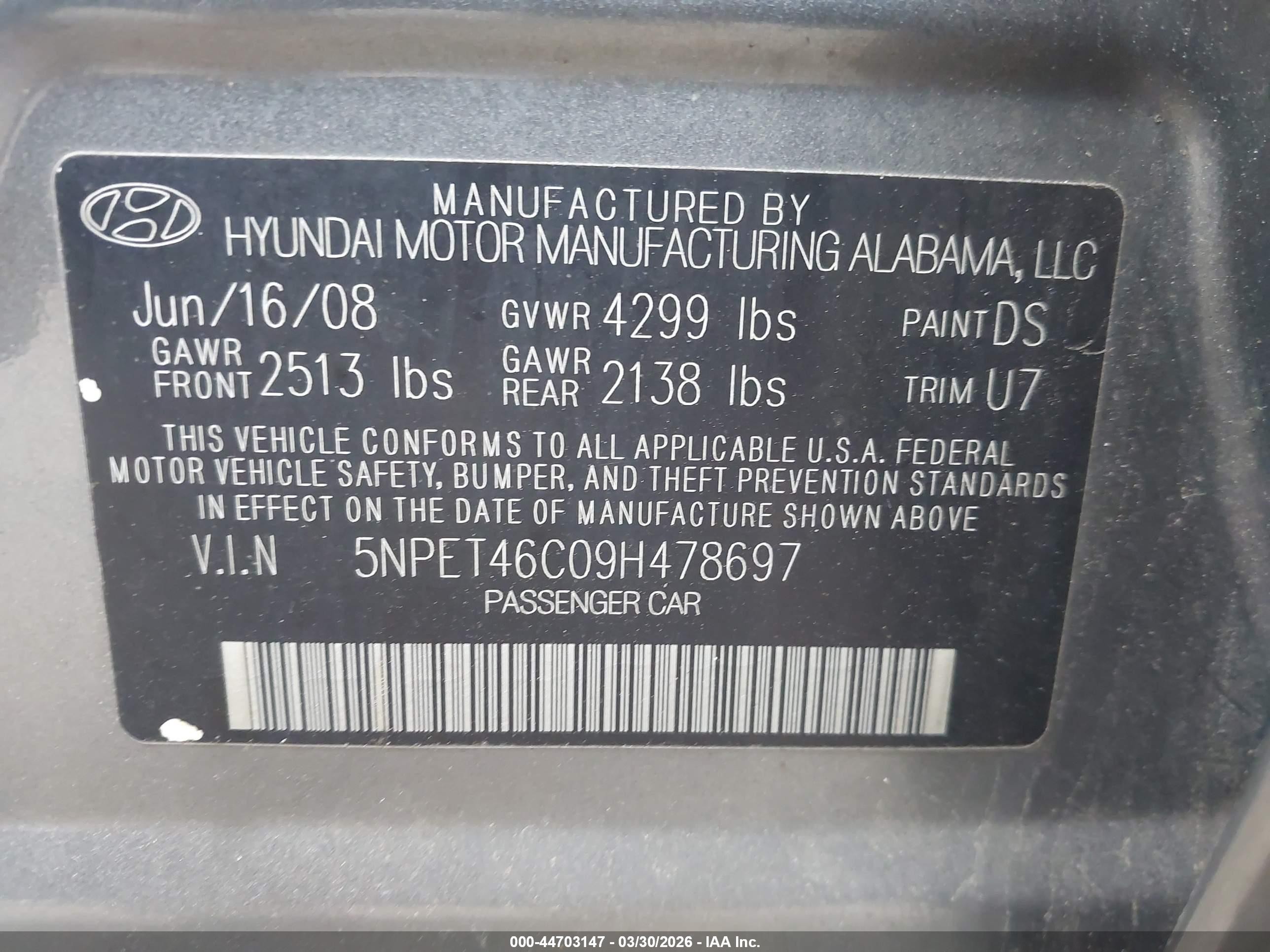 2009 Hyundai Sonata Gls Gray vin: 5NPET46C09H478697