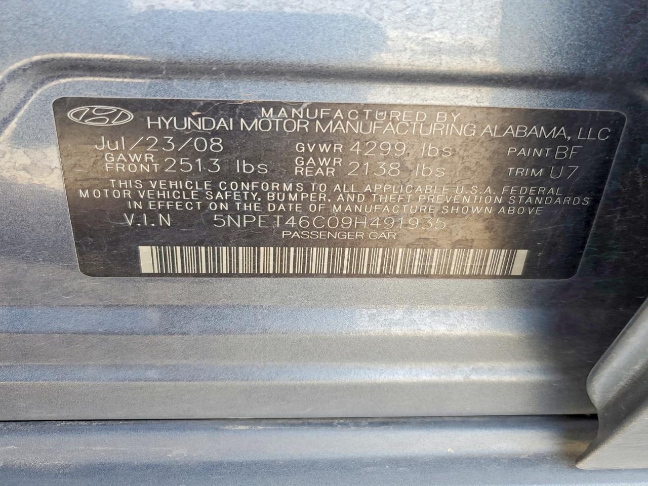 2009 Hyundai Sonata Gls Blue vin: 5NPET46C09H491935