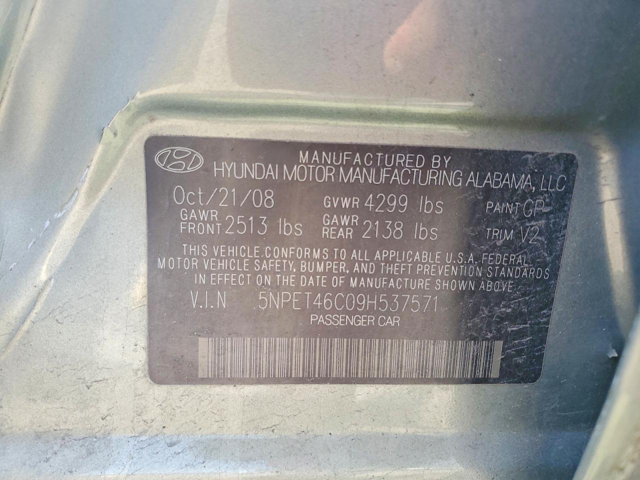 2009 Hyundai Sonata Gls Green vin: 5NPET46C09H537571