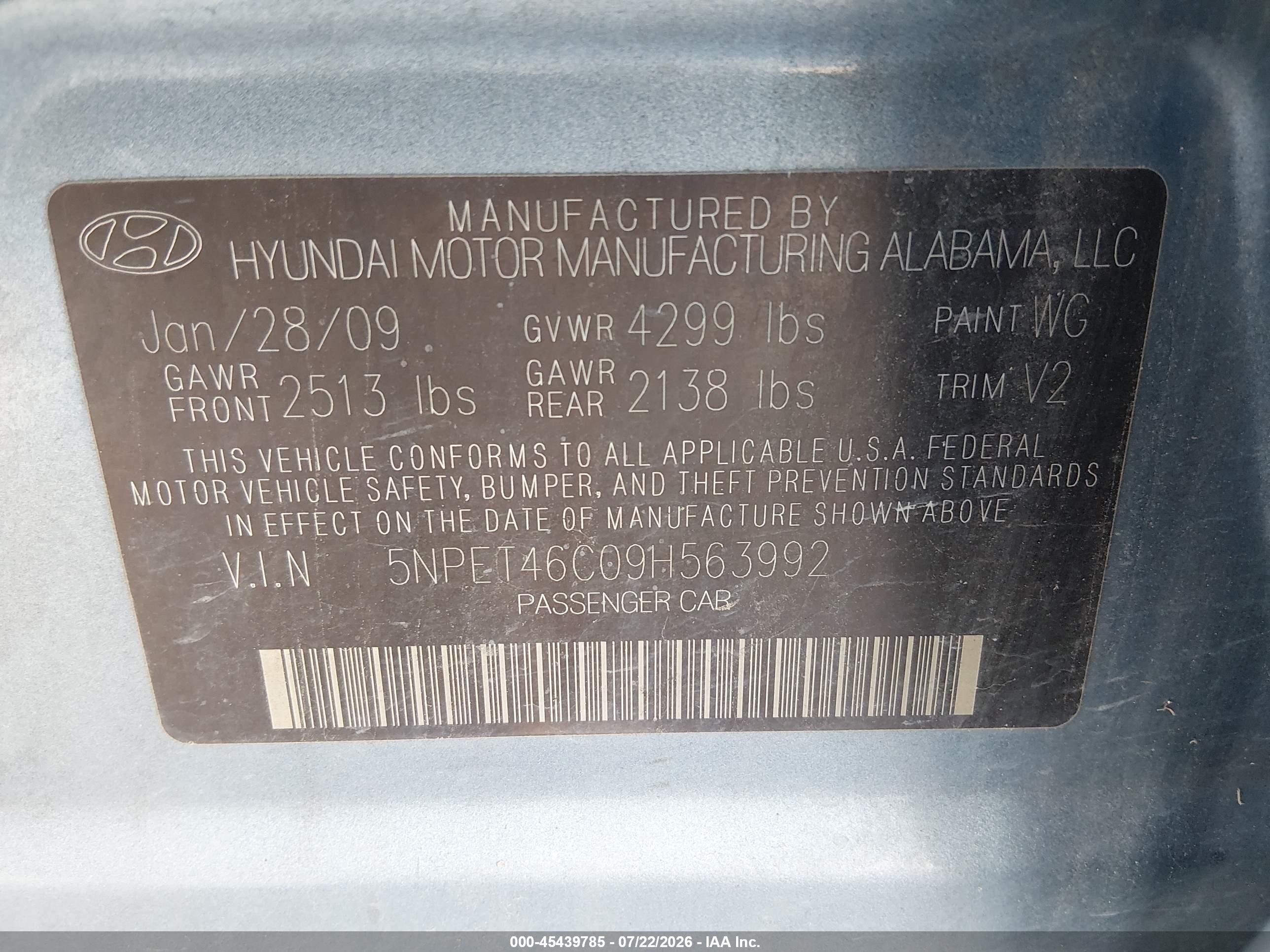 2009 Hyundai Sonata Gls Blue vin: 5NPET46C09H563992