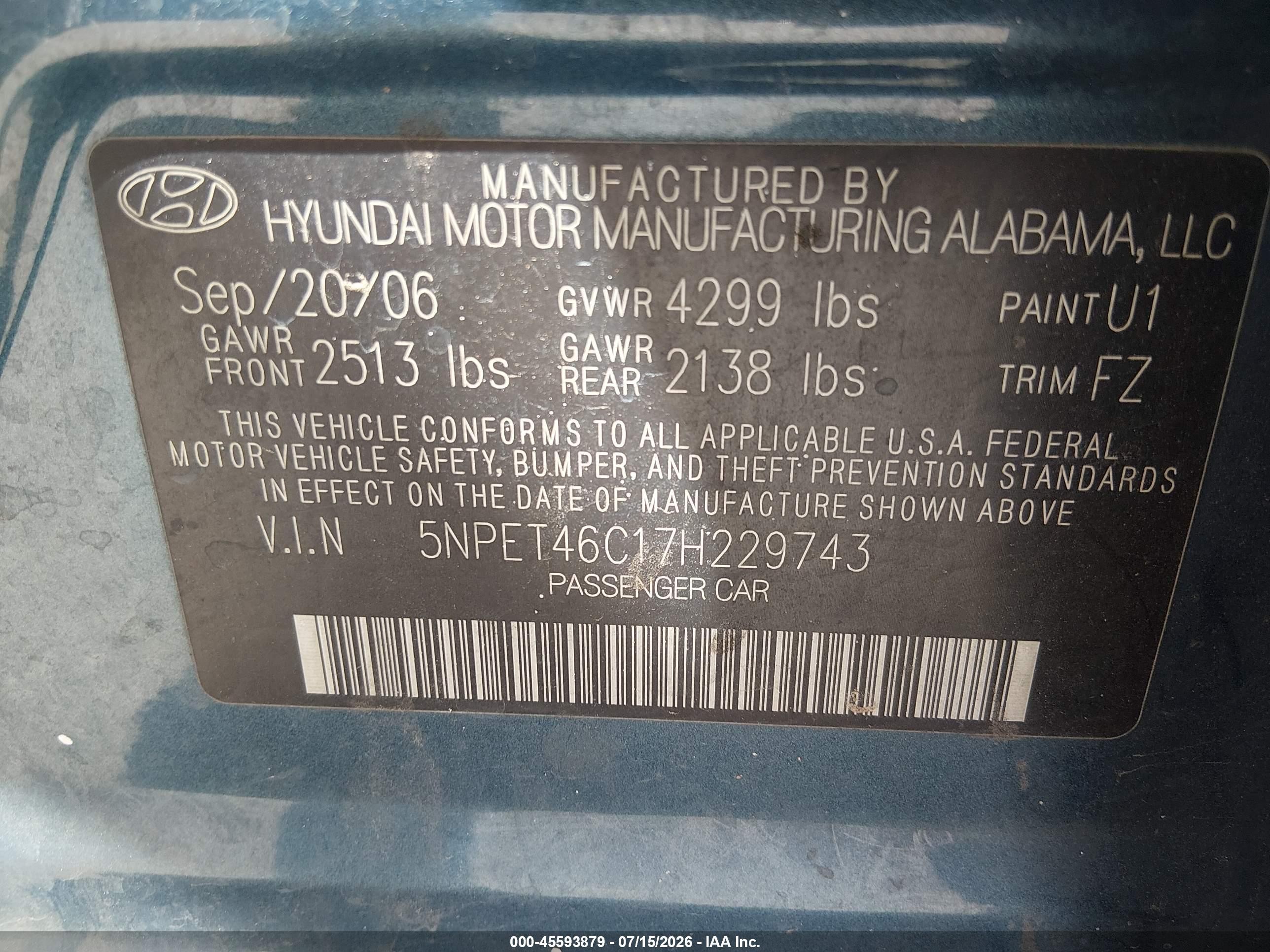 2007 Hyundai Sonata Gls/gls W/xm Blue vin: 5NPET46C17H229743