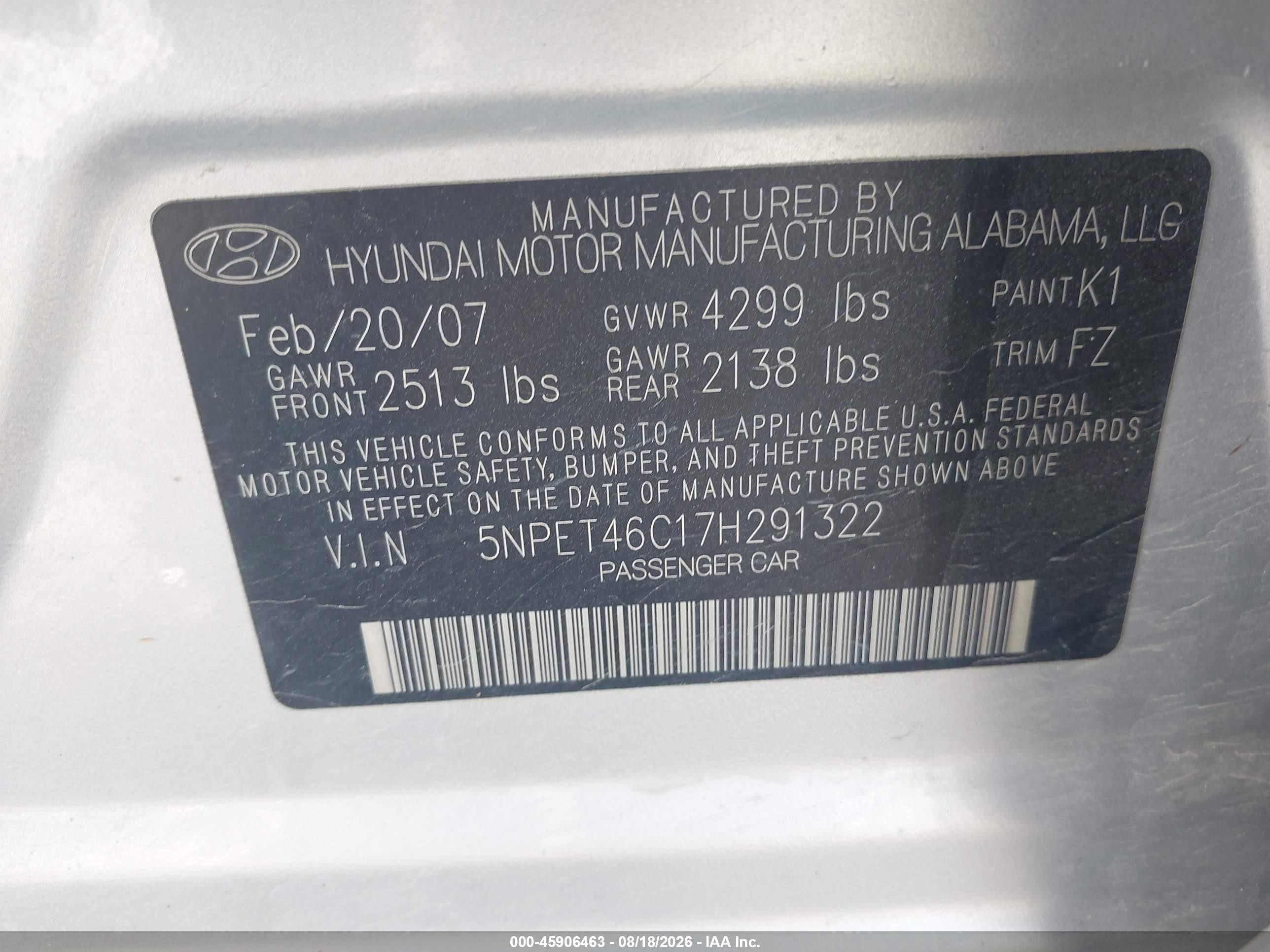 2007 Hyundai Sonata Gls/gls W/xm Silver vin: 5NPET46C17H291322