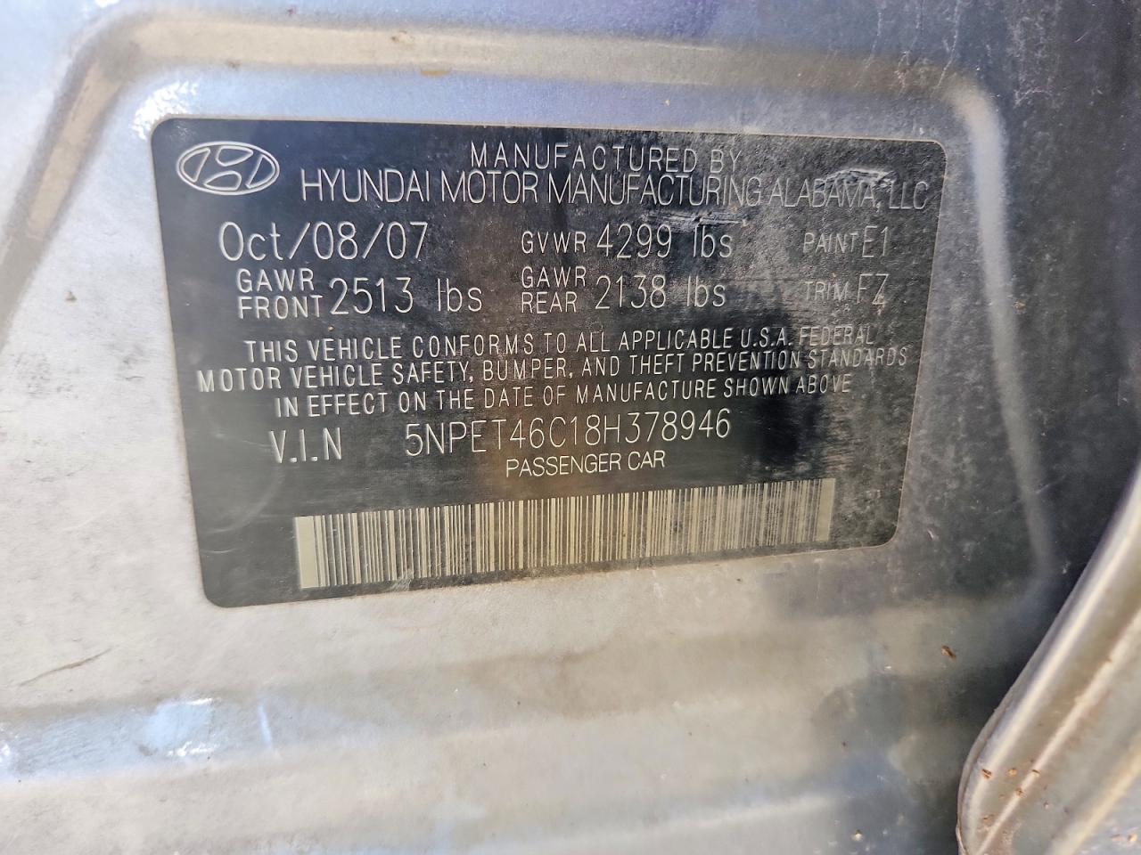 2008 Hyundai Sonata Gray vin: 5NPET46C18H378946