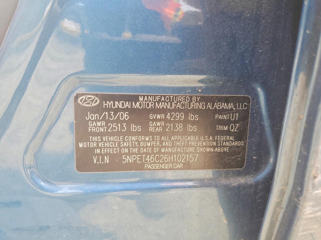 2006 Hyundai Sonata Gl Blue vin: 5NPET46C26H102157