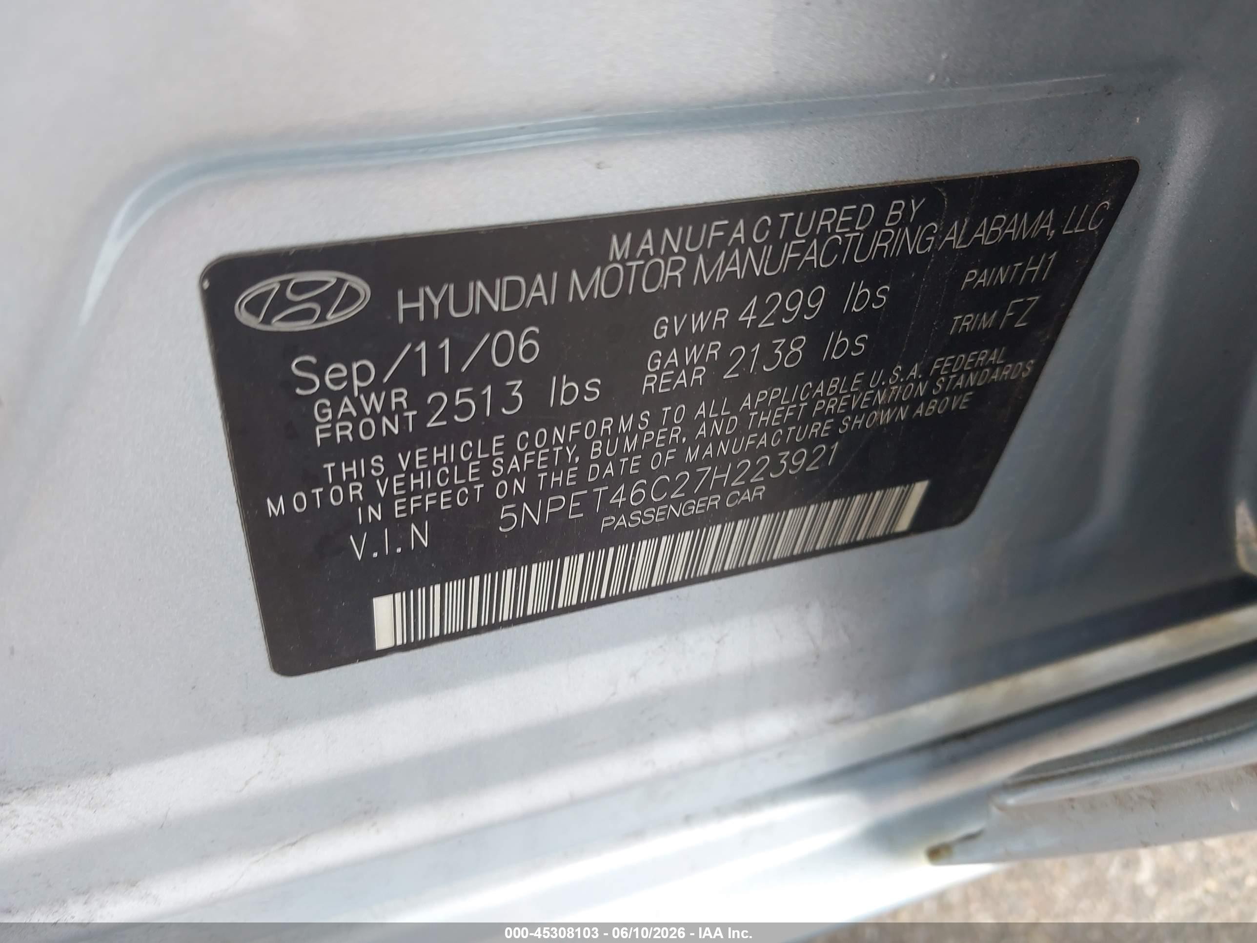 2007 Hyundai Sonata Gls/gls W/xm Light Blue vin: 5NPET46C27H223921