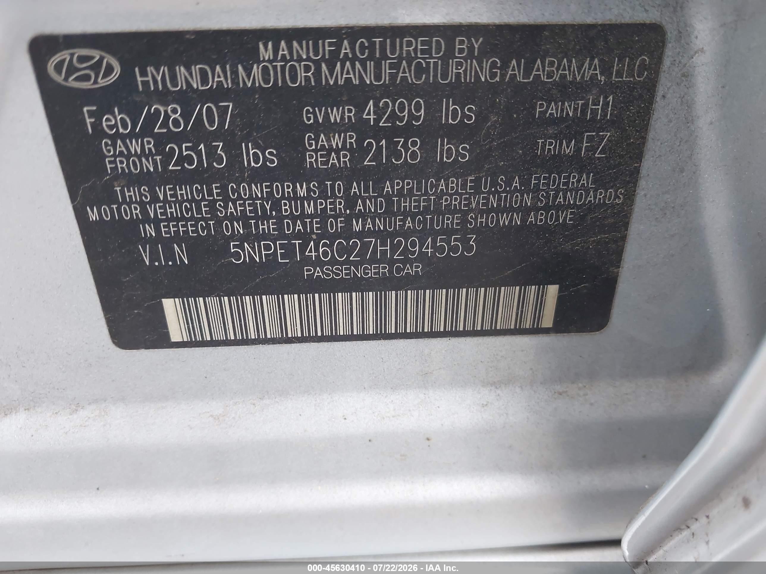 2007 Hyundai Sonata Gls/gls W/xm Light Blue vin: 5NPET46C27H294553