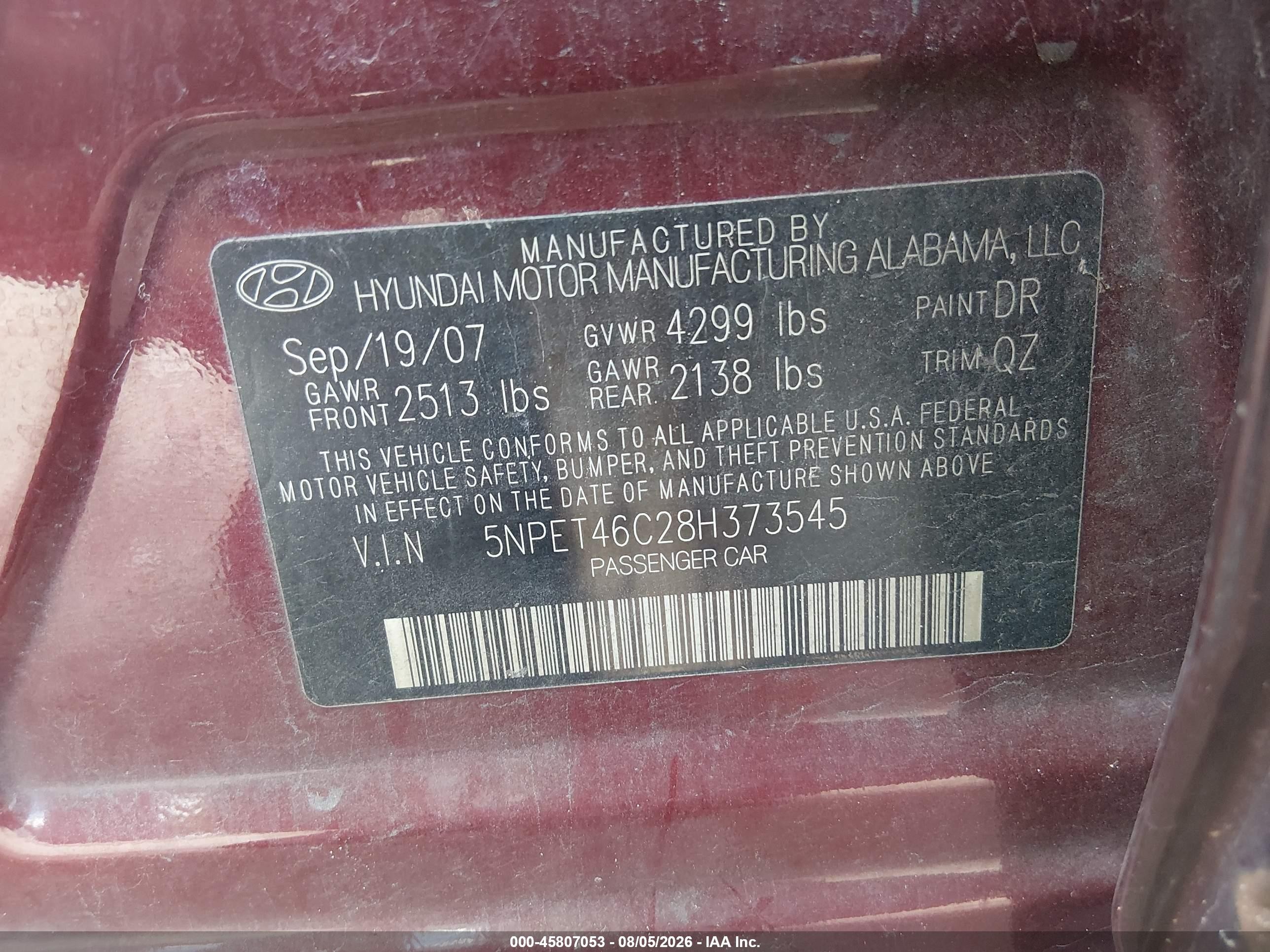 2008 Hyundai Sonata Gls Burgundy vin: 5NPET46C28H373545