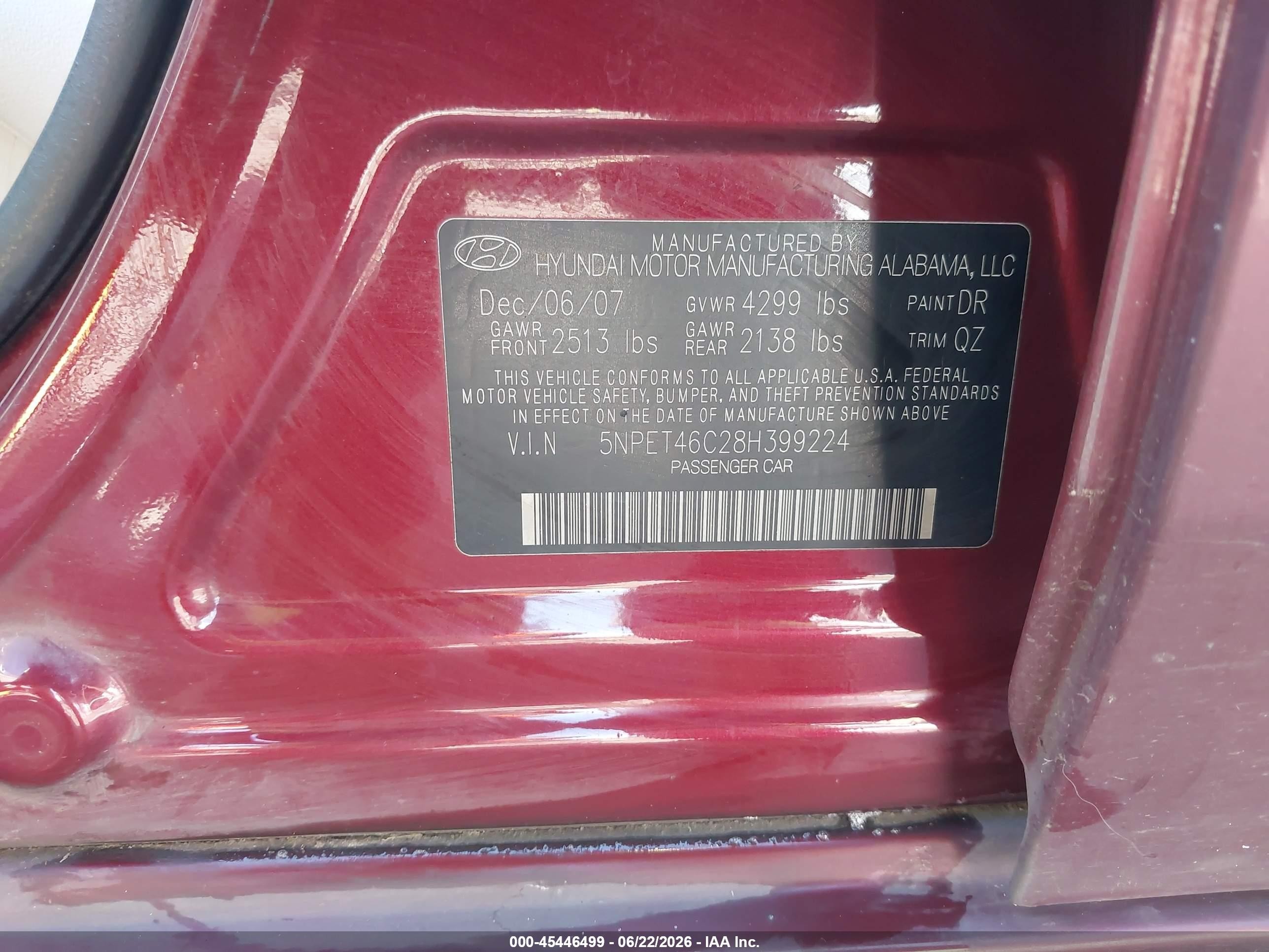 2008 Hyundai Sonata Gls Red vin: 5NPET46C28H399224
