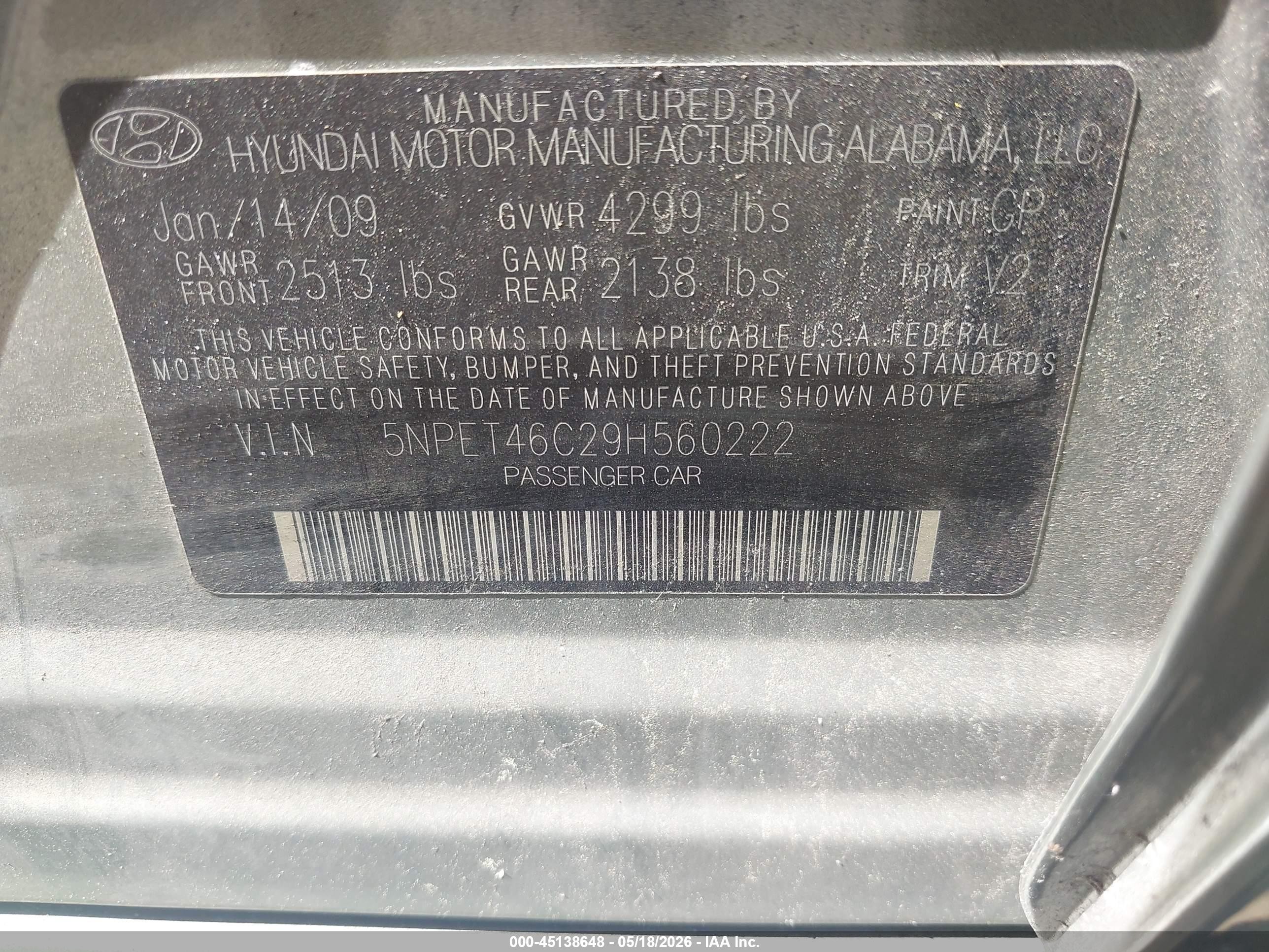 2009 Hyundai Sonata Gls Green vin: 5NPET46C29H560222