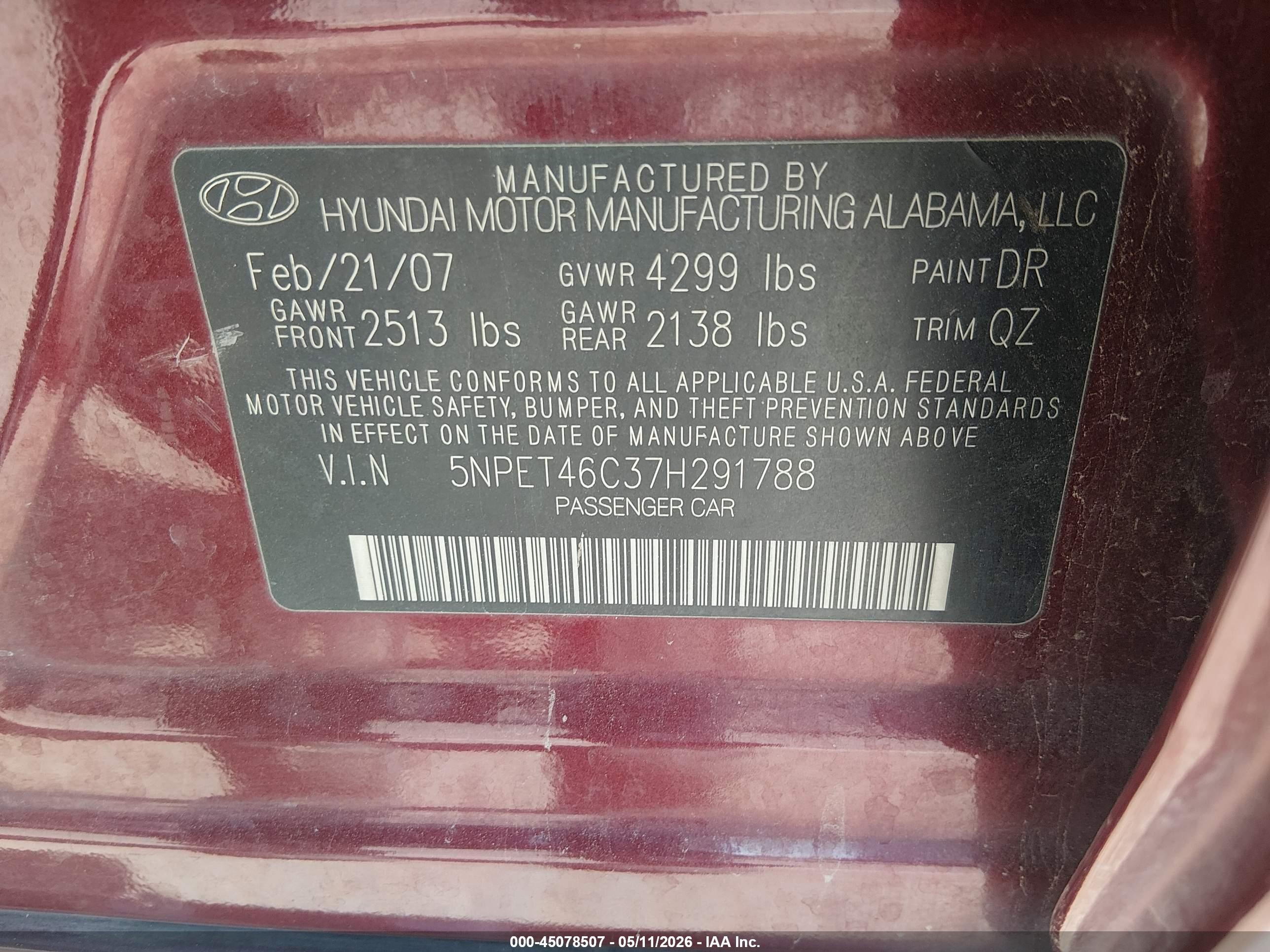 2007 Hyundai Sonata Gls Maroon vin: 5NPET46C37H291788
