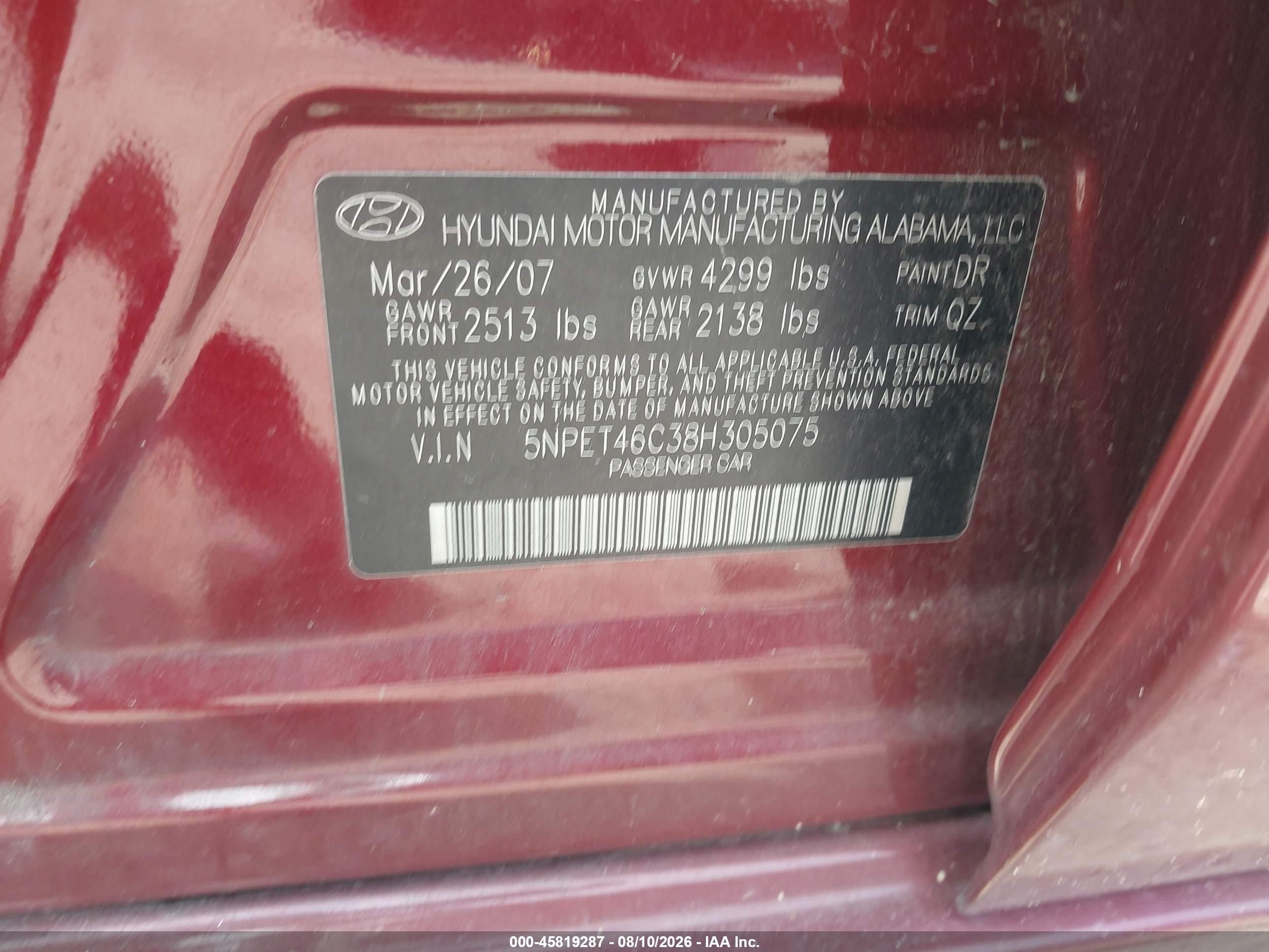 2008 Hyundai Sonata Gls Red vin: 5NPET46C38H305075