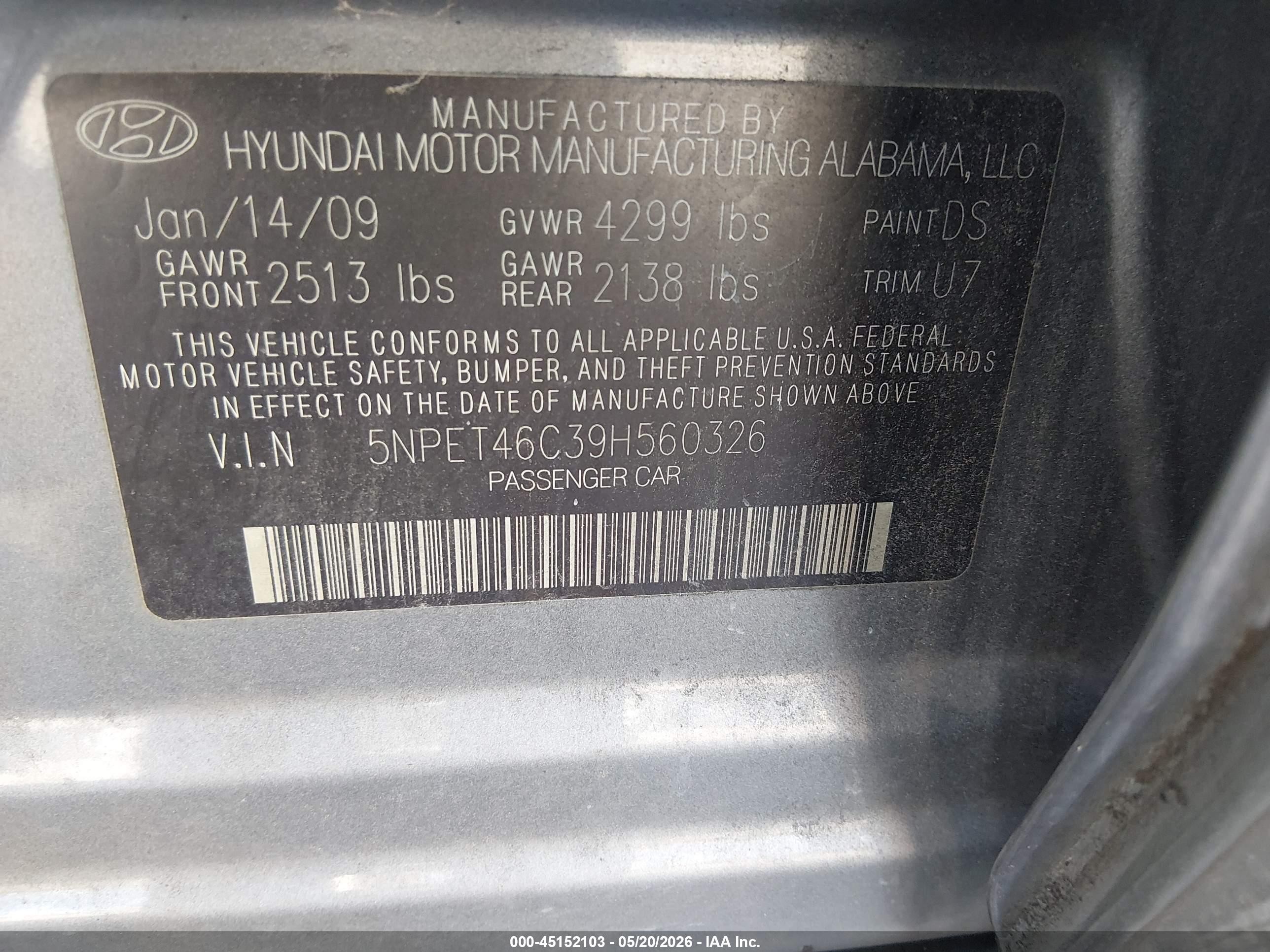 2009 Hyundai Sonata Gls Gray vin: 5NPET46C39H560326