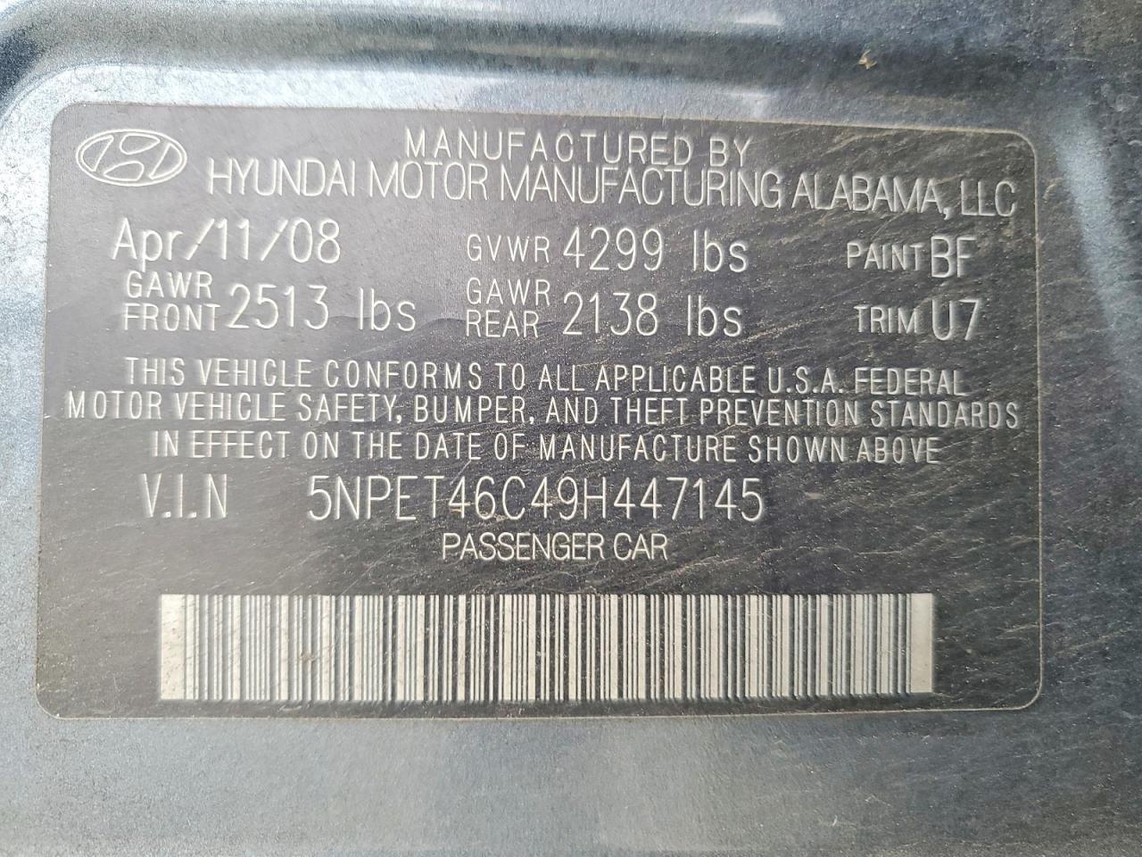 2009 Hyundai Sonata Gls Blue vin: 5NPET46C49H447145