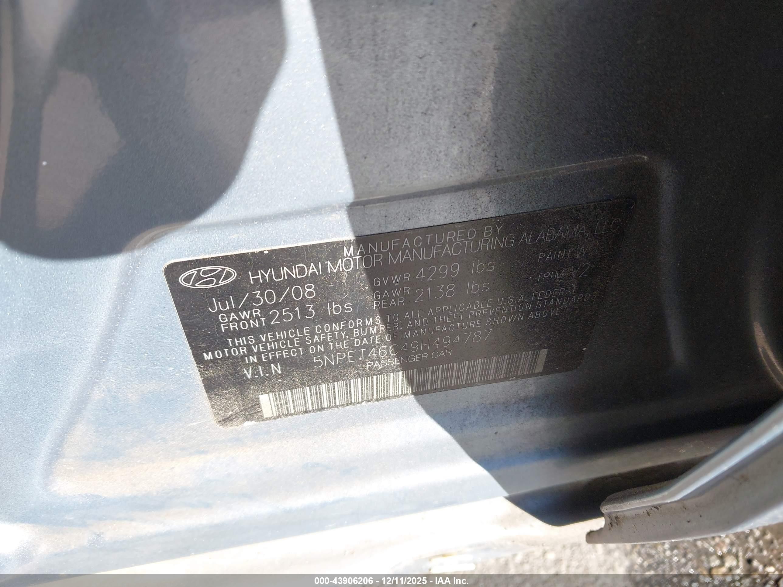 2009 Hyundai Sonata Gls Blue vin: 5NPET46C49H494787