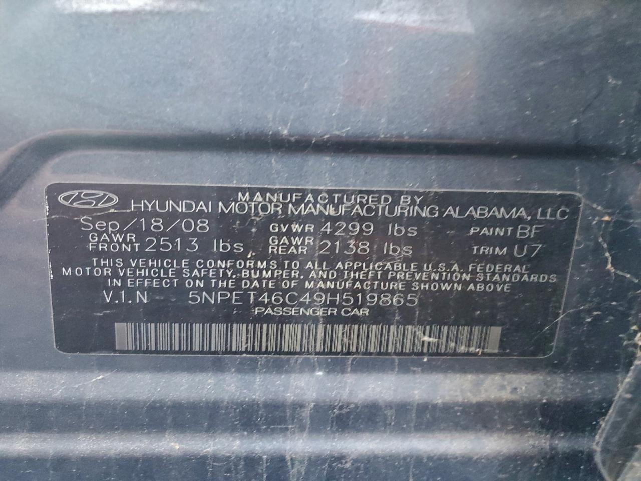 2009 Hyundai Sonata Blue vin: 5NPET46C49H519865
