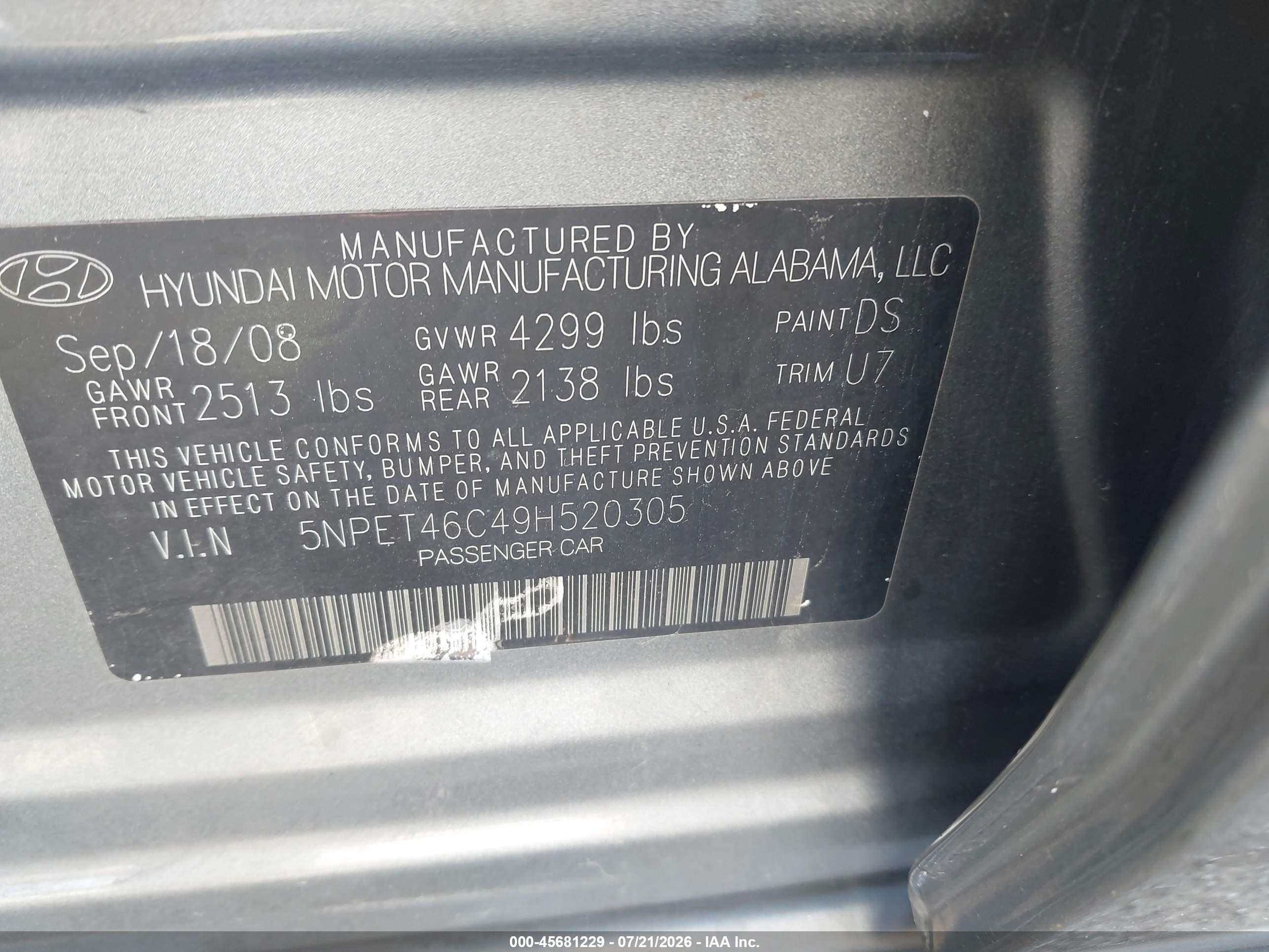 2009 Hyundai Sonata Gls Gray vin: 5NPET46C49H520305