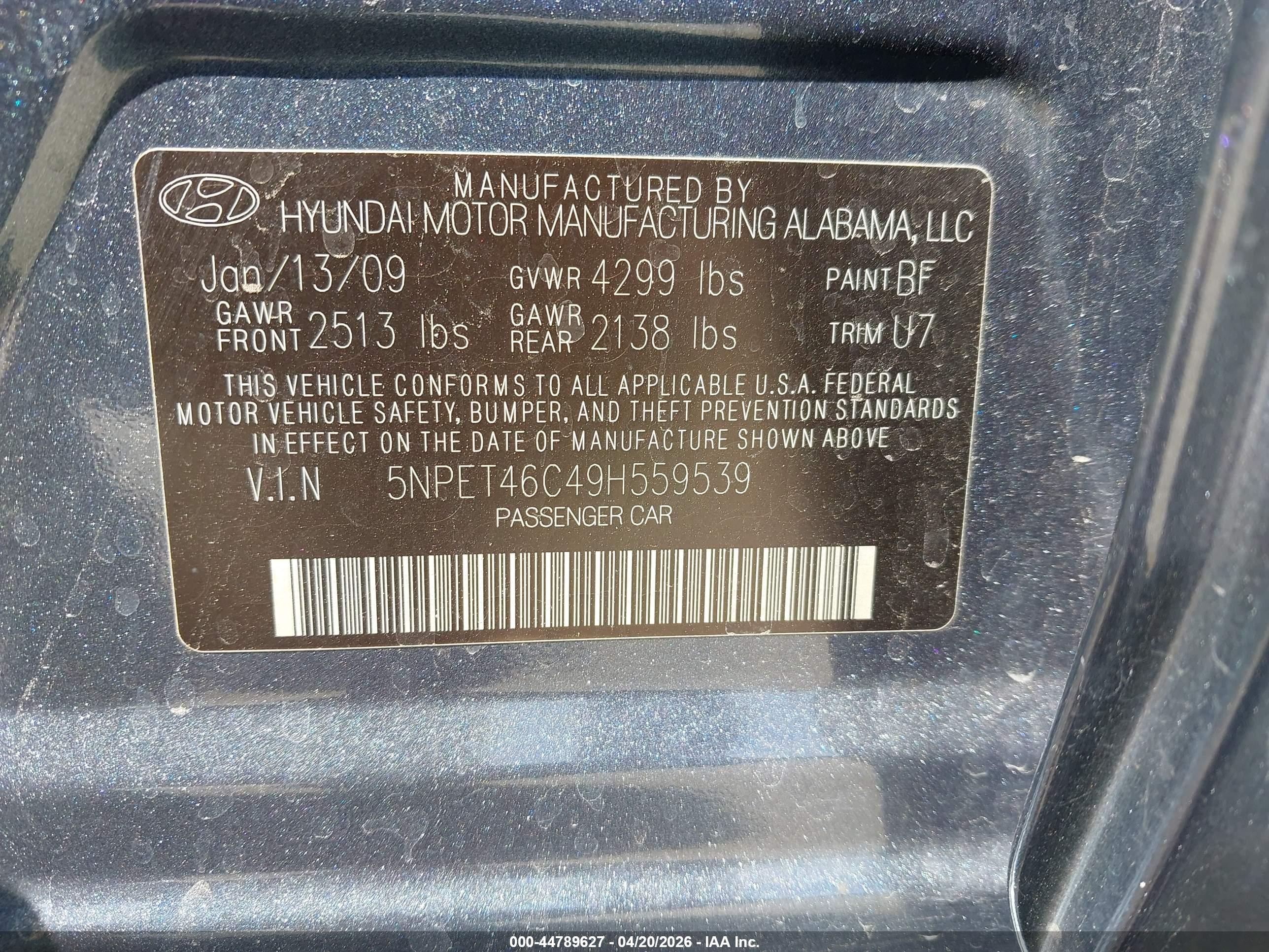 2009 Hyundai Sonata Gls Blue vin: 5NPET46C49H559539