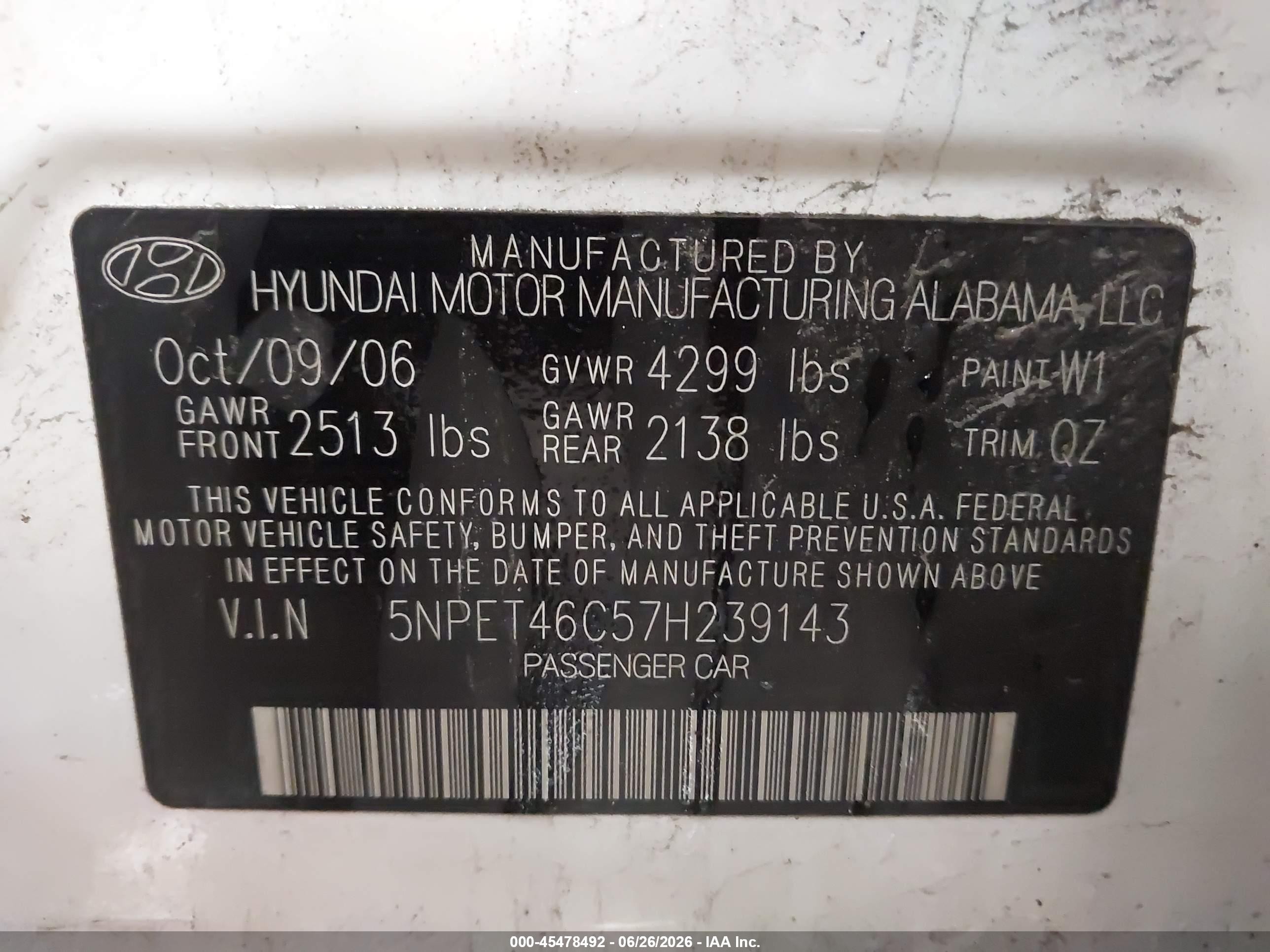 2007 Hyundai Sonata Gls/gls W/xm White vin: 5NPET46C57H239143