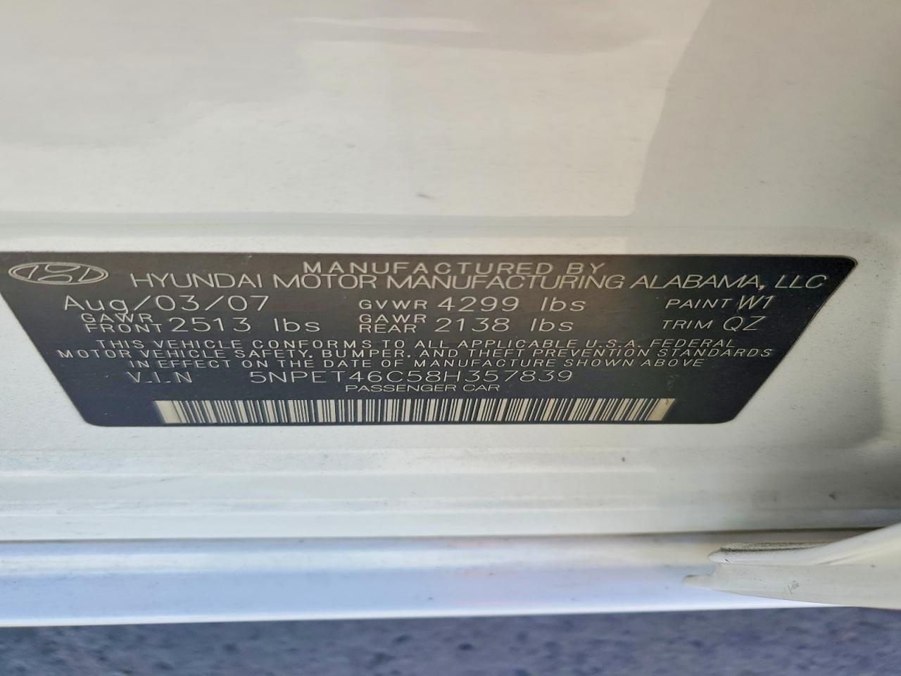 2008 Hyundai Sonata Gls White vin: 5NPET46C58H357839