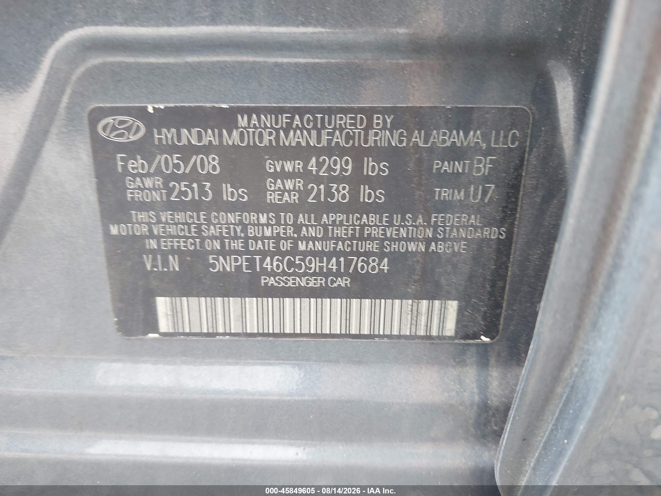 2009 Hyundai Sonata Gls Gray vin: 5NPET46C59H417684