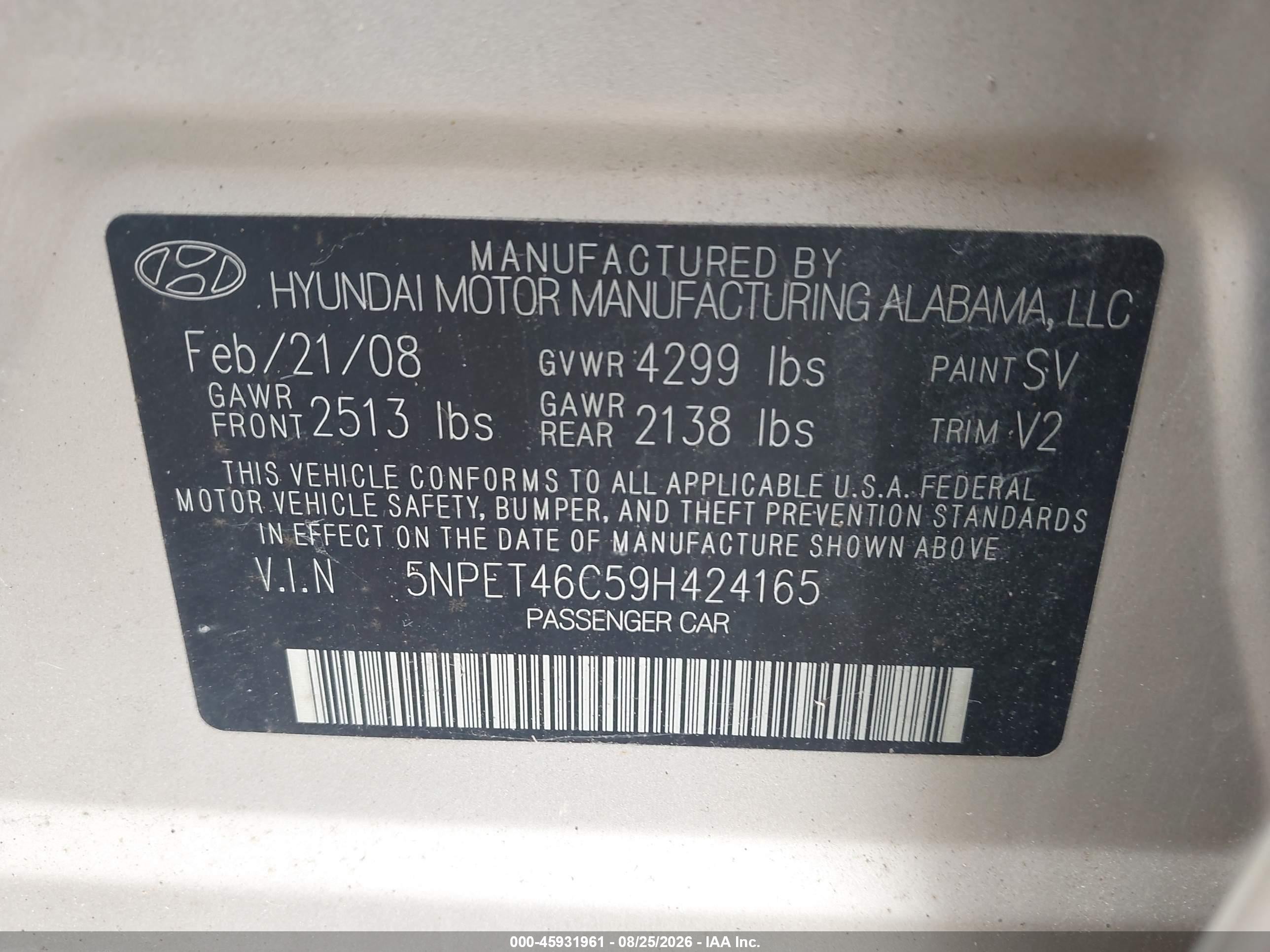 2009 Hyundai Sonata Gls Золотой vin: 5NPET46C59H424165